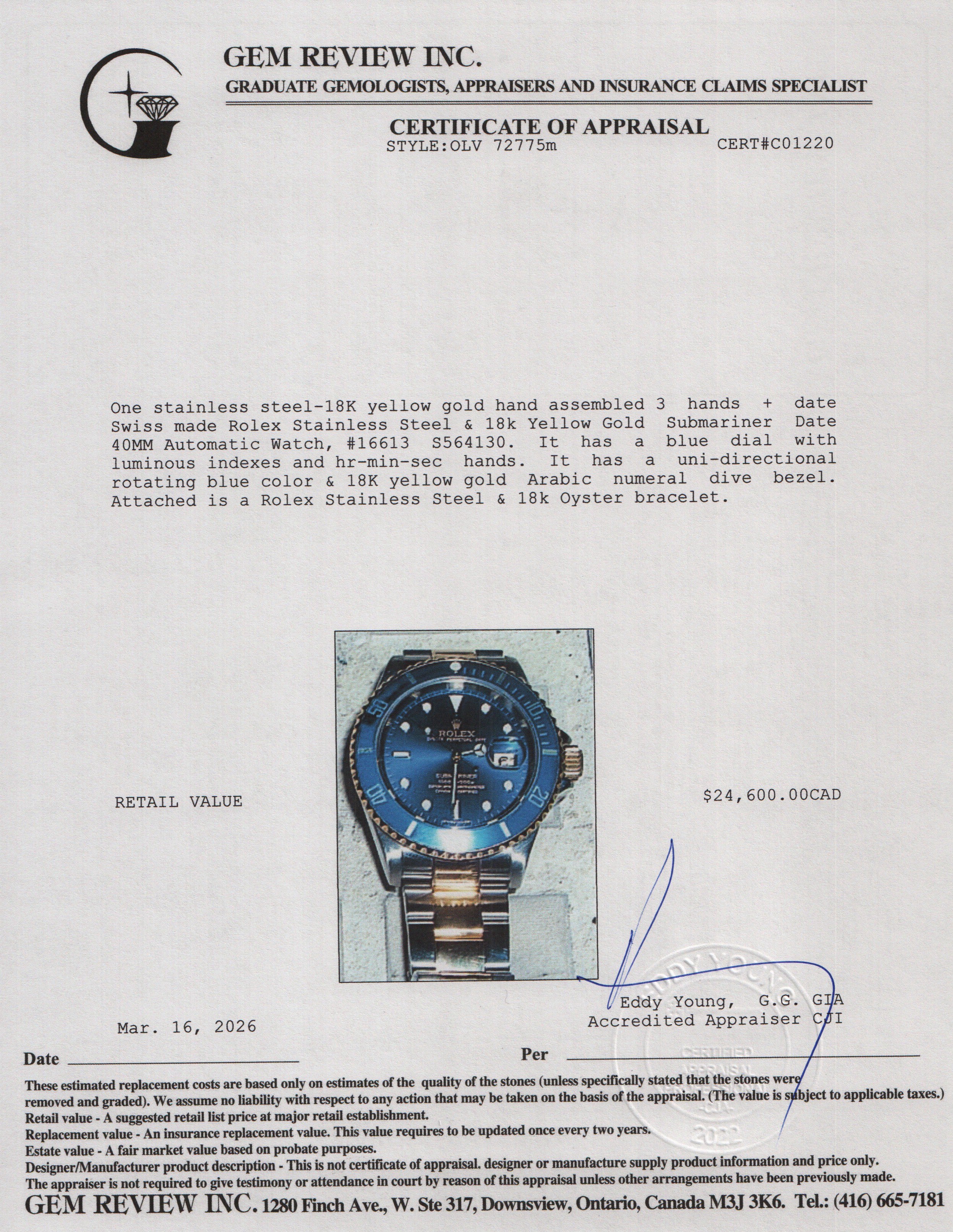 Rolex Stainless Steel & 18k Yellow Gold Submariner Date 40 MM Automatic Watch Blue Dial 16613 w/ Box & Papers