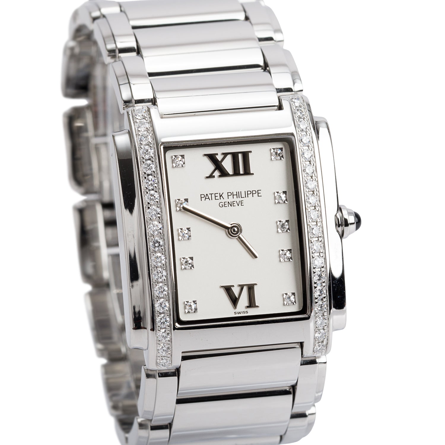 Patek Philippe Stainless Steel Diamond Bezel Twenty-4 Watch White Diamond Dial w/ Box & Papers