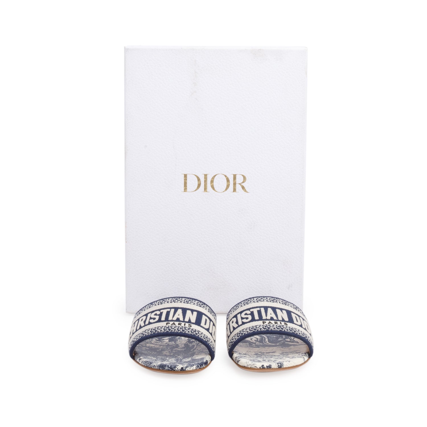Christian Dior 2023 Blue Canvas Toile de Jouy Motif Embroidered Dway Flat Slide Sandals, Women's Size 35 w/ Box