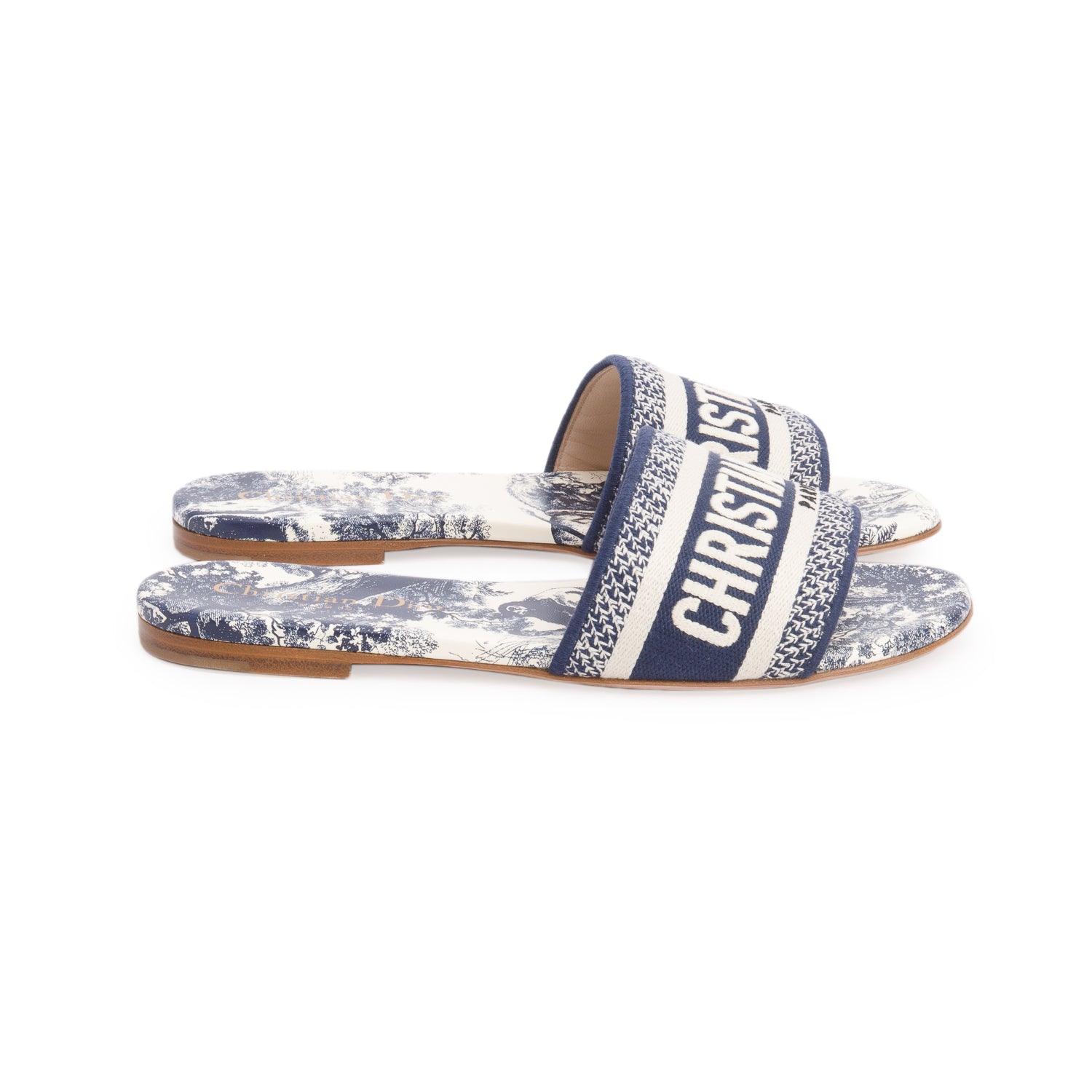 Christian Dior 2023 Blue Canvas Toile de Jouy Motif Embroidered Dway Flat Slide Sandals, Women's Size 35 w/ Box