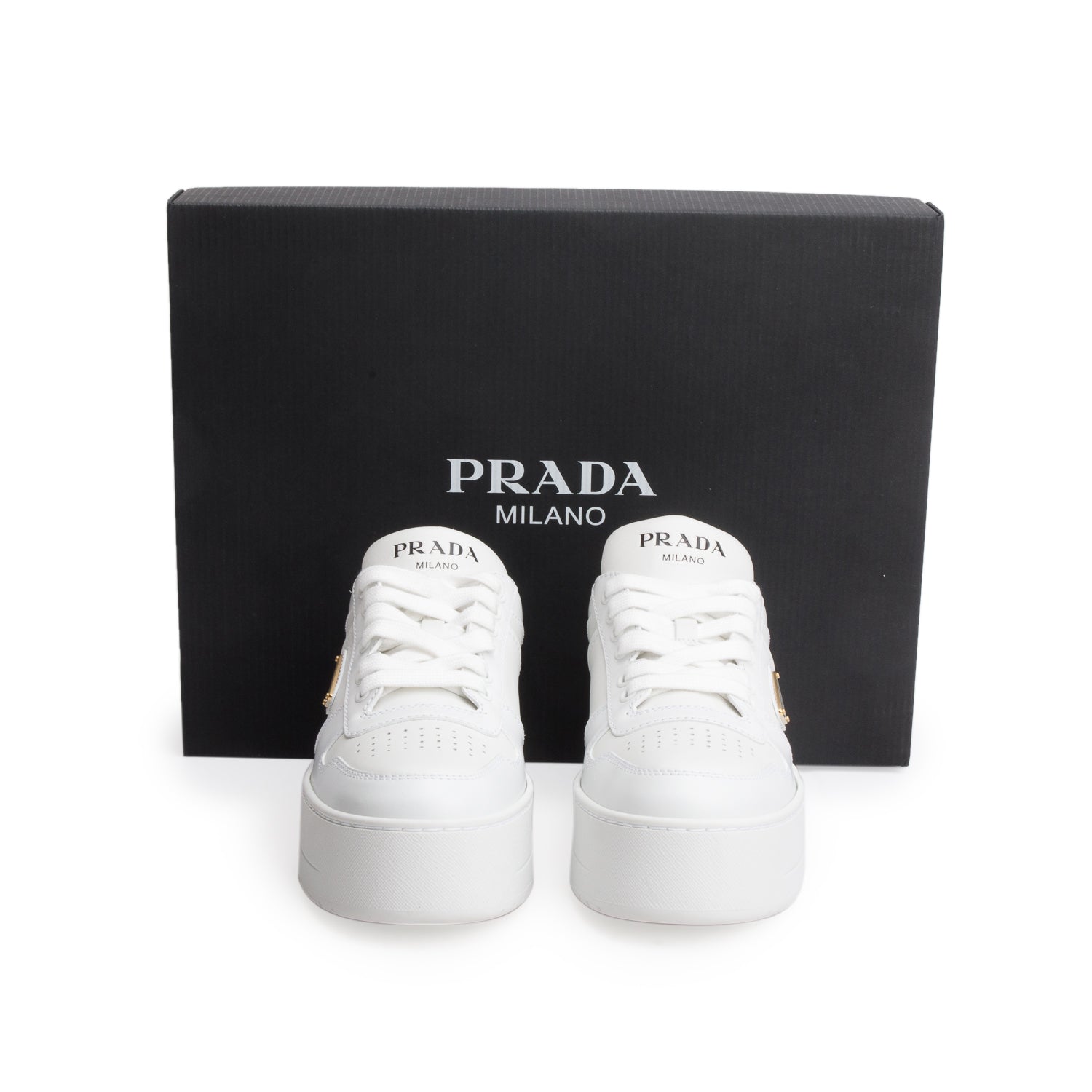 Prada White Vitello Rois Triangle Downtown Platform Low Top Sneakers, Women's Size 37 w/ Box