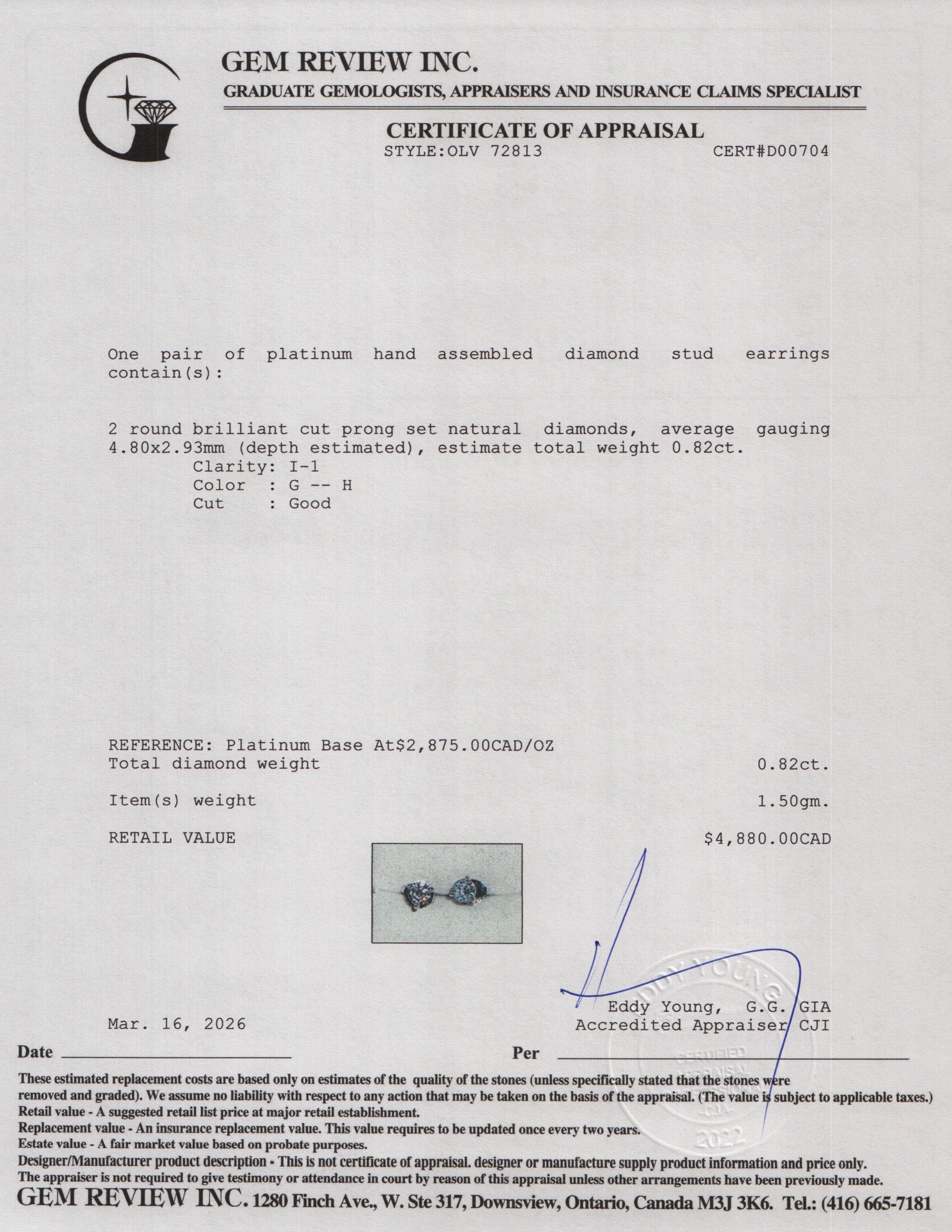 Platinum 0.82 tcw. Diamond Stud Earrings