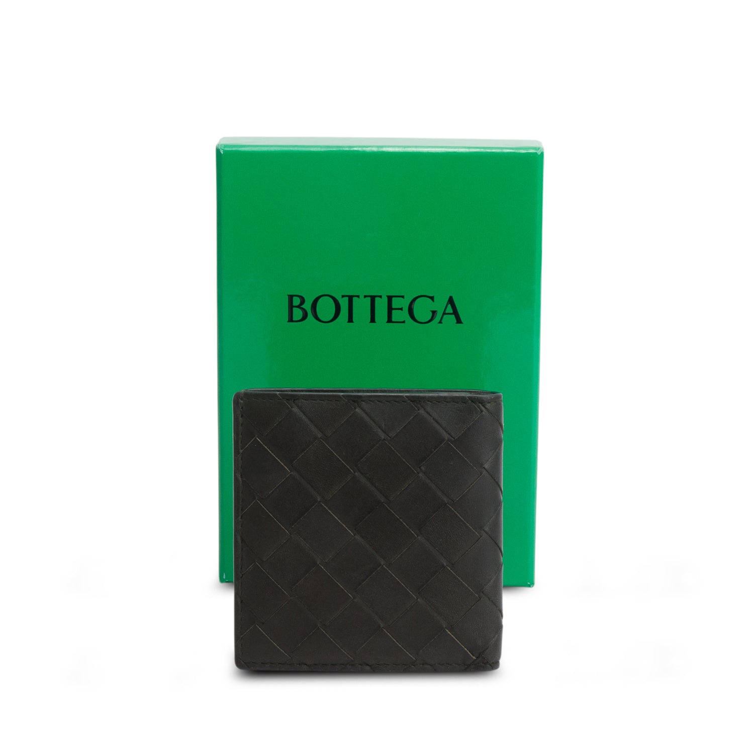 Bottega Dark Green Calfskin Intrecciato Slim Bi-Fold Wallet w/ Box
