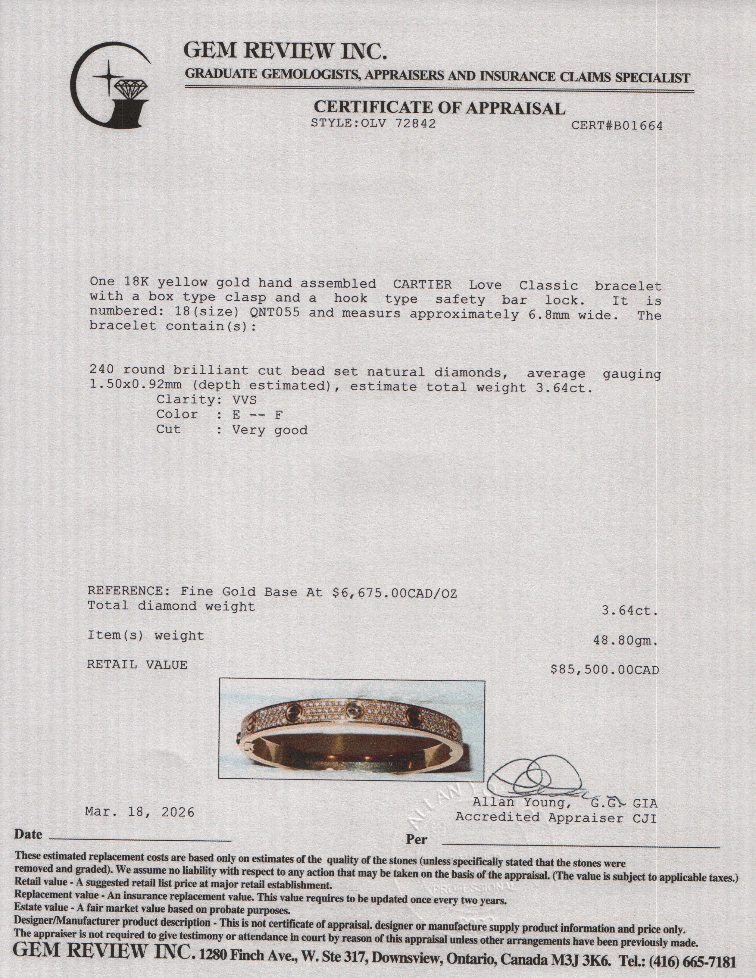 Cartier 2022 18k Yellow Gold Paved Diamond Love Bracelet, Classic Model, Size 18 w/ Box, Receipt & Certificate