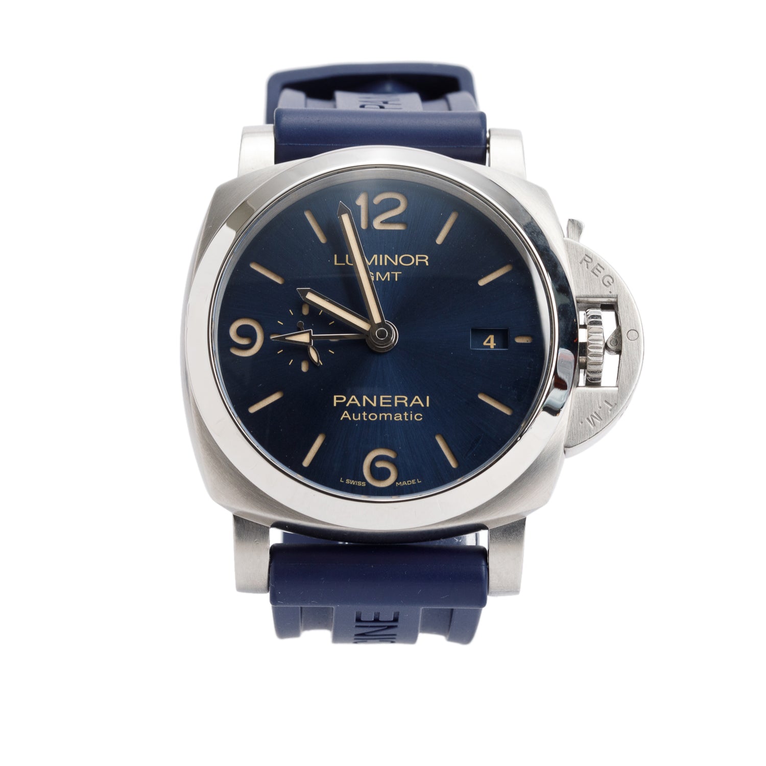 Panerai Stainless Steel Luminor 1950 GMT 44mm Automatic Watch Blue Dial PAM01033 w/ Box, Paper & Extra Strap