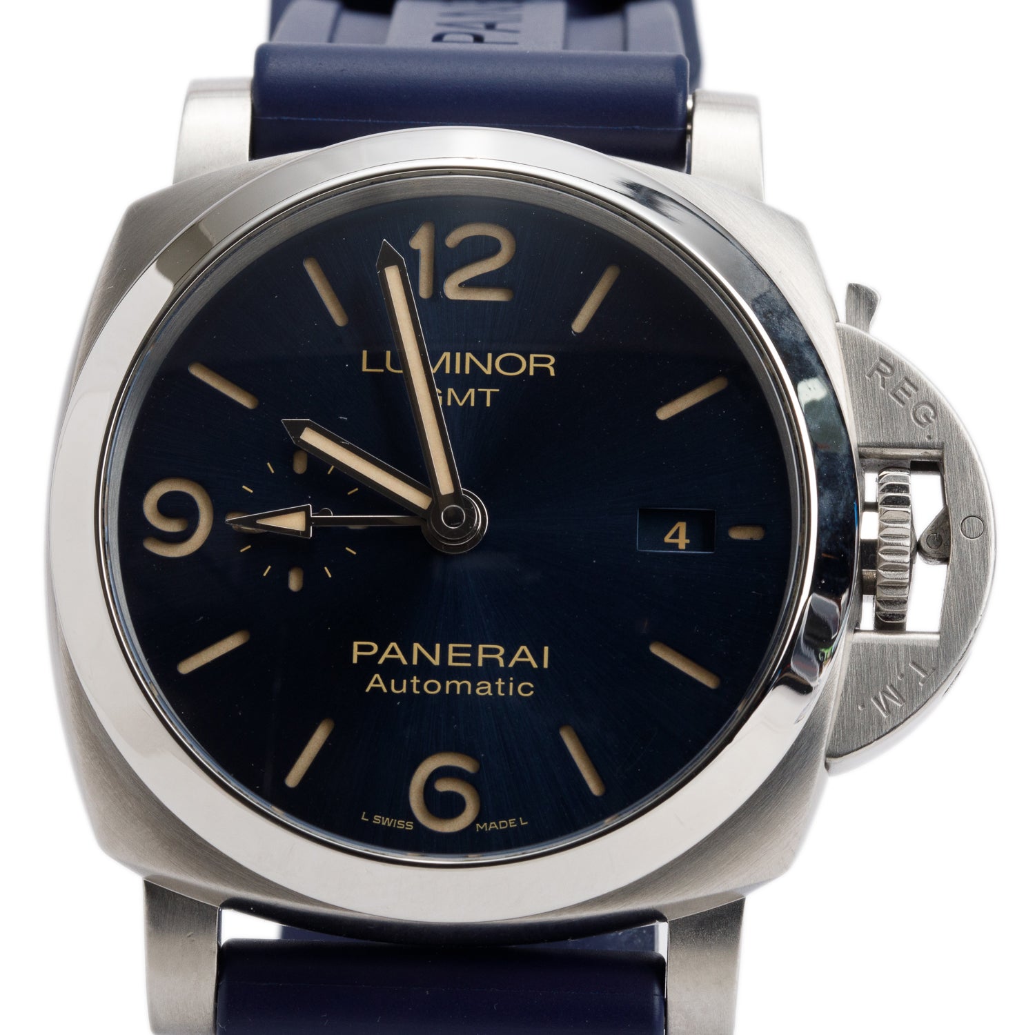 Panerai Stainless Steel Luminor 1950 GMT 44mm Automatic Watch Blue Dial PAM01033 w/ Box, Paper & Extra Strap