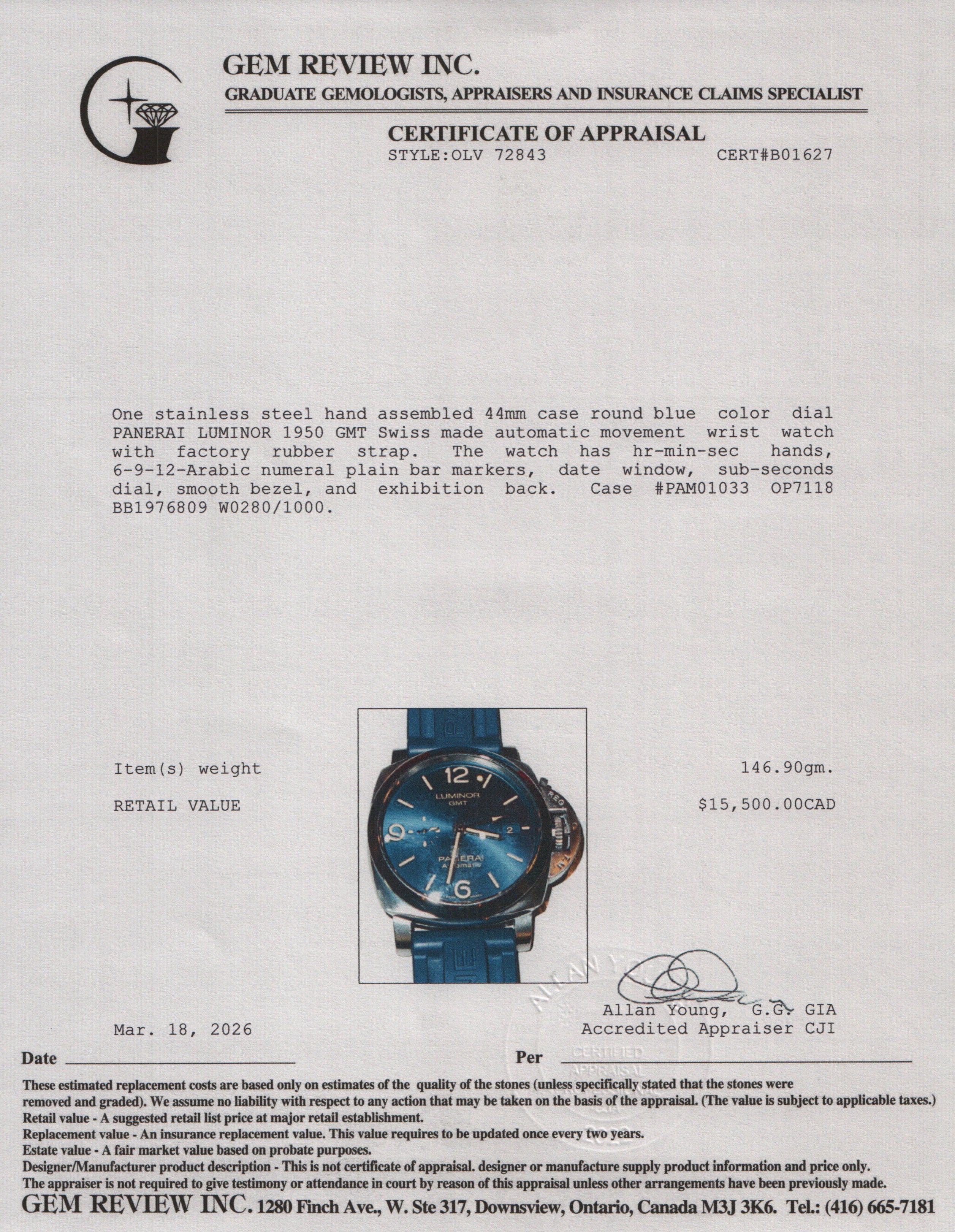 Panerai Stainless Steel Luminor 1950 GMT 44mm Automatic Watch Blue Dial PAM01033 w/ Box, Paper & Extra Strap