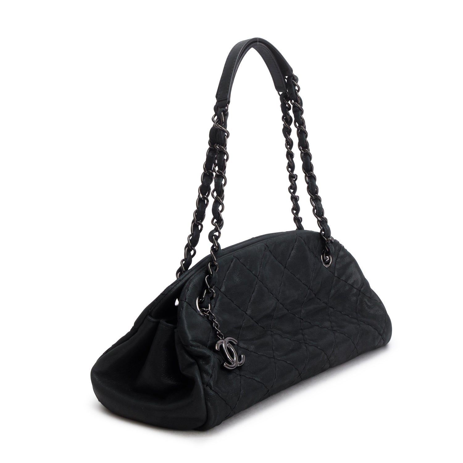 Chanel Black Metallic Calfskin Quilted Medium Just Mademoiselle w/ Authenticity Card
