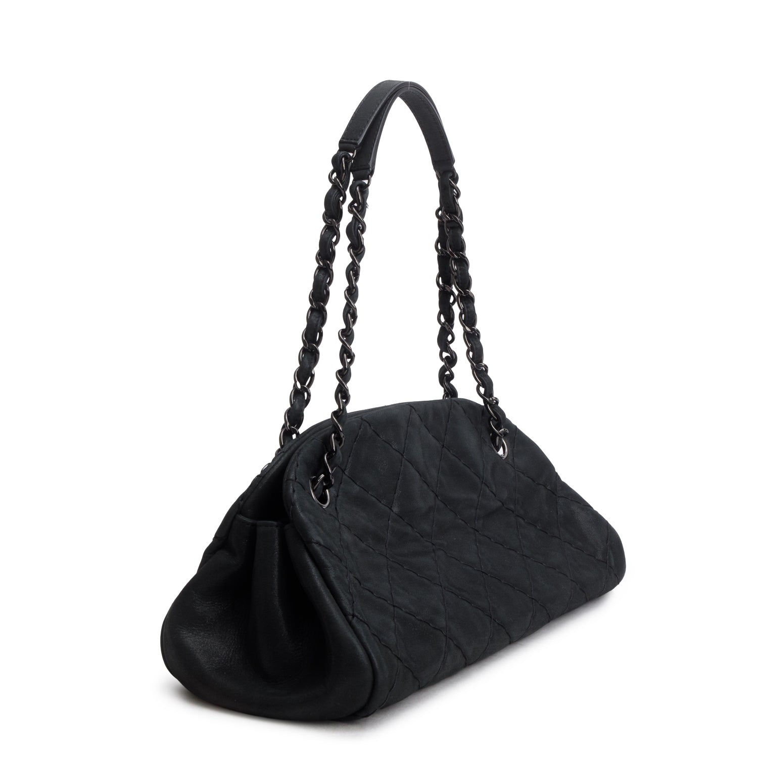 Chanel Black Metallic Calfskin Quilted Medium Just Mademoiselle w/ Authenticity Card