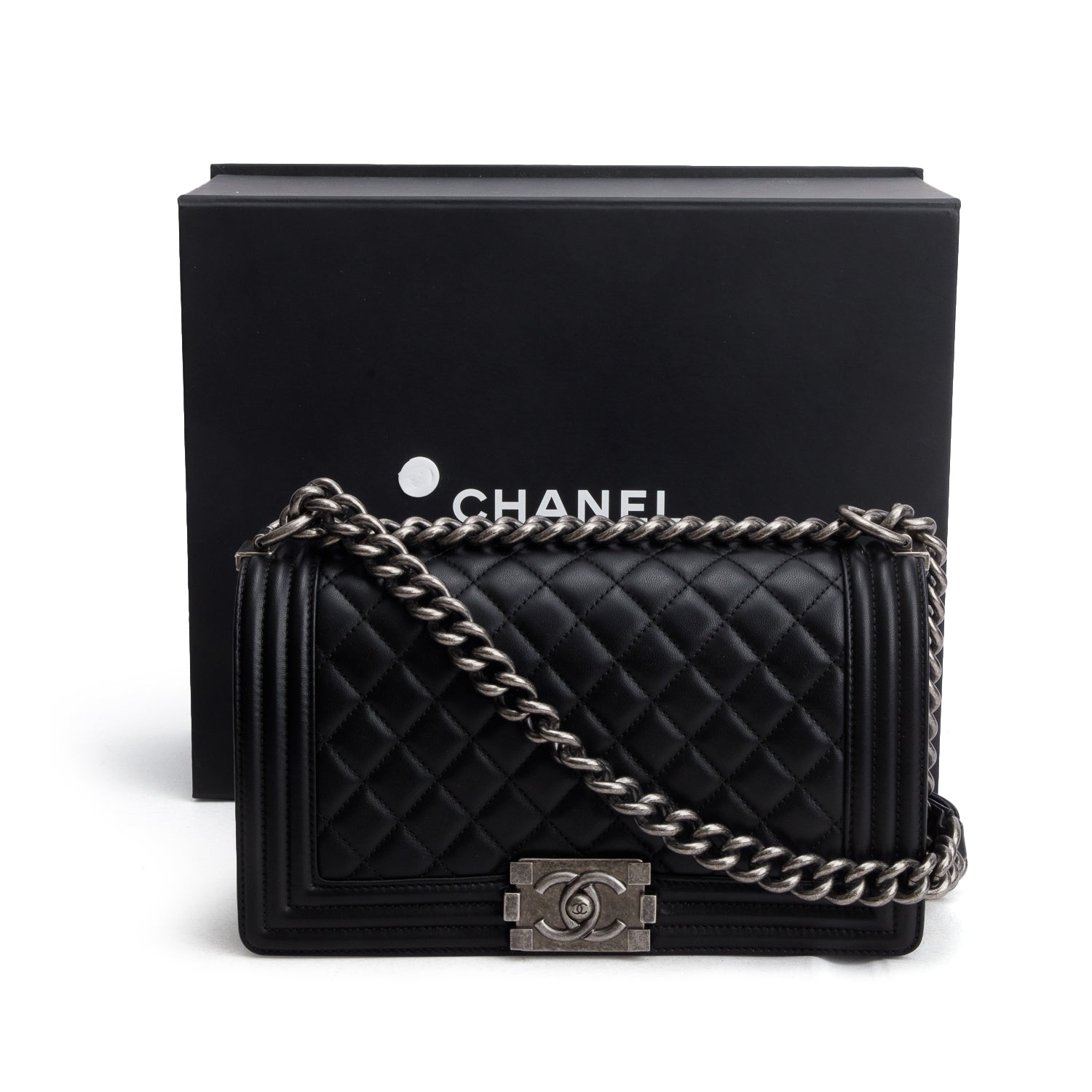 Chanel Black Lambskin Quilted Medium Boy Flap w/ Box