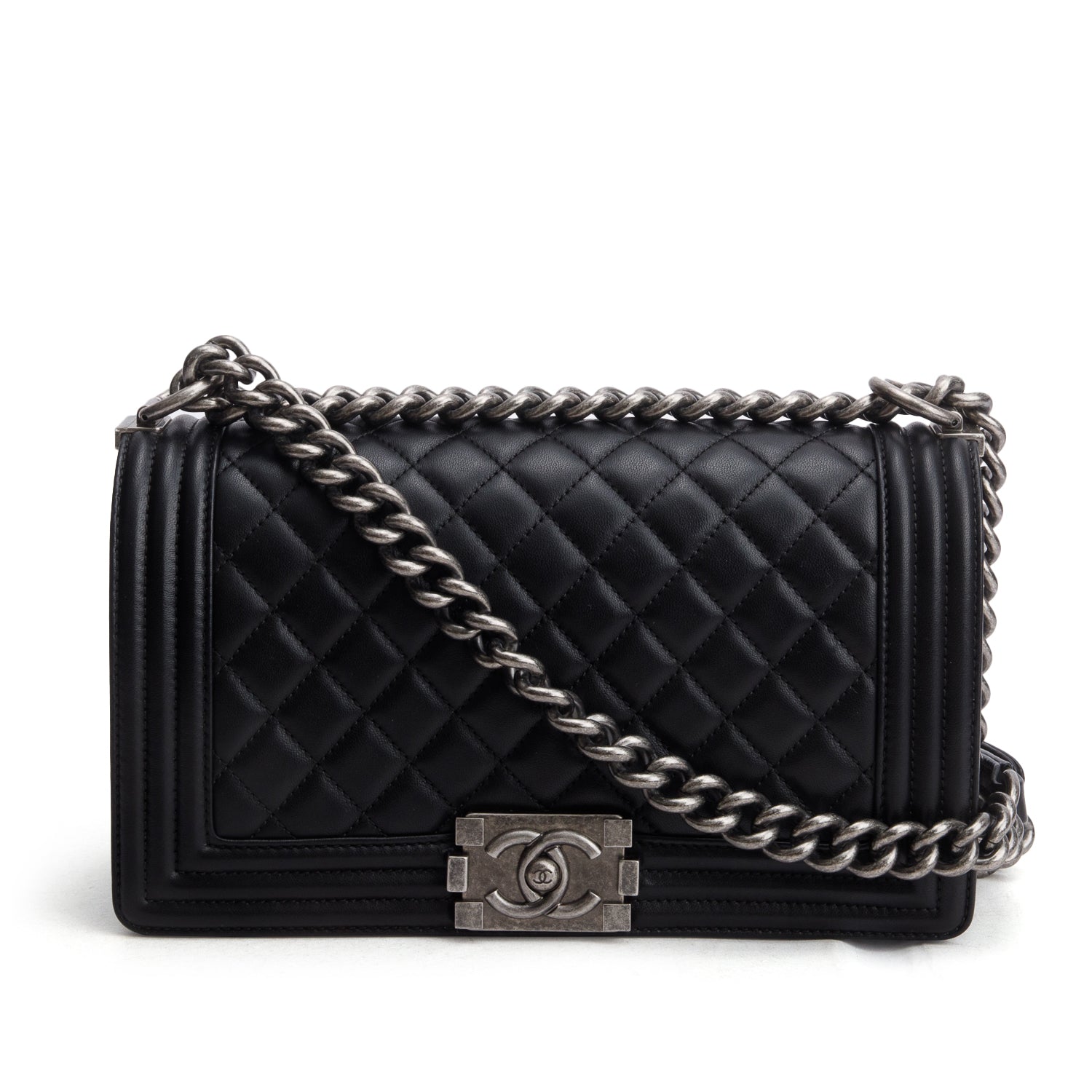 Chanel Black Lambskin Quilted Medium Boy Flap w/ Box