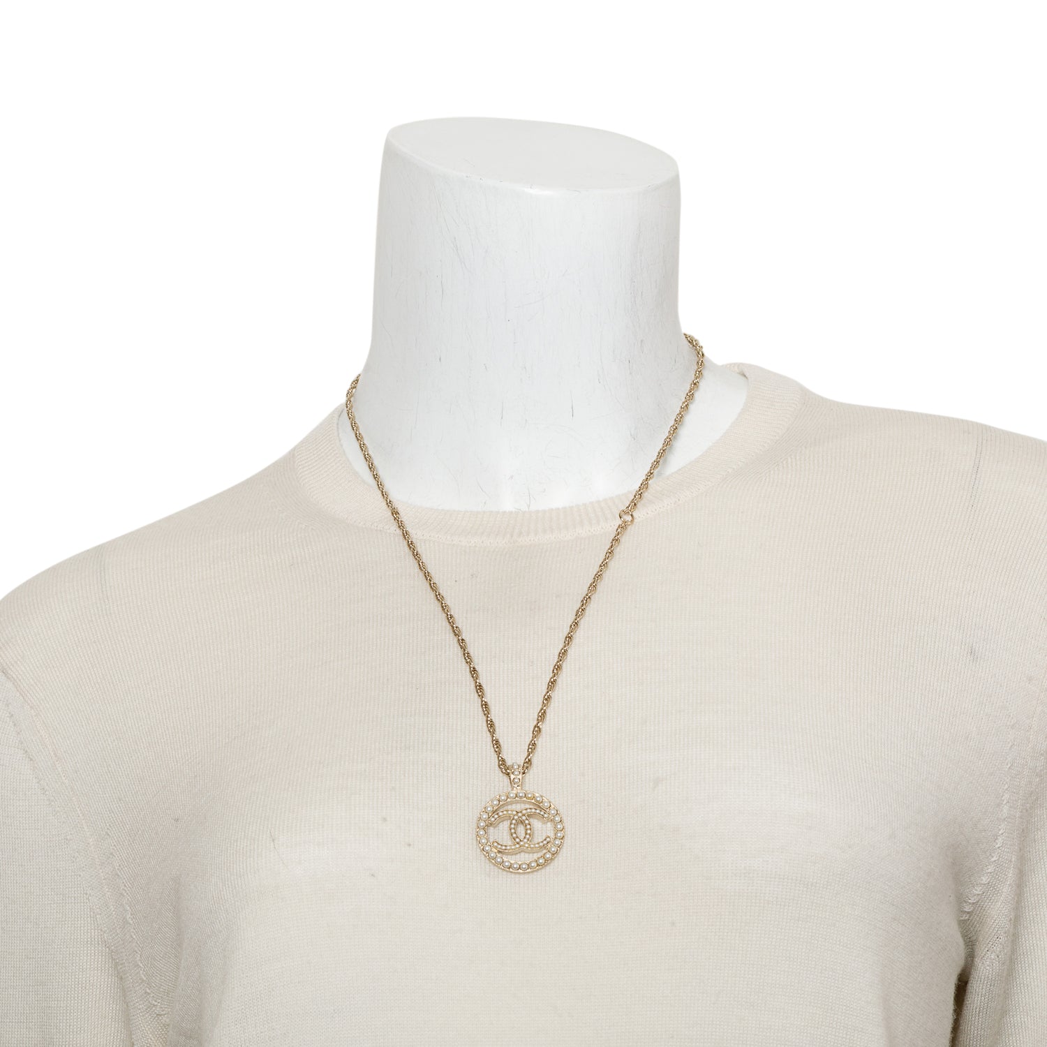 Chanel 2022 Gold-Plated Metal Faux Pearl CC Pendant Necklace