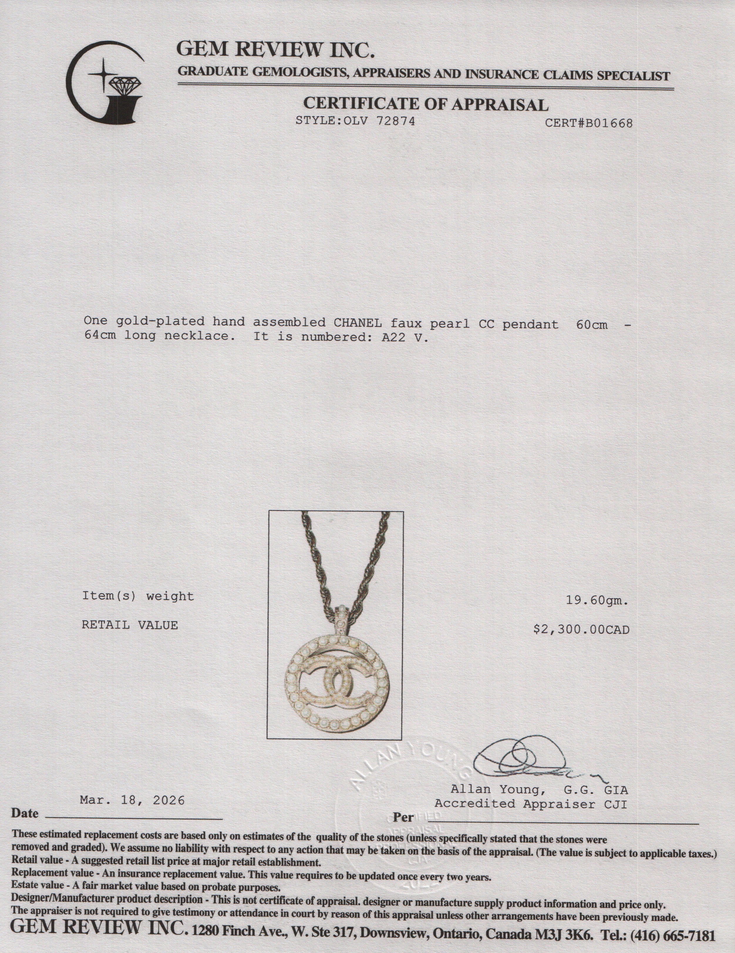 Chanel 2022 Gold-Plated Metal Faux Pearl CC Pendant Necklace