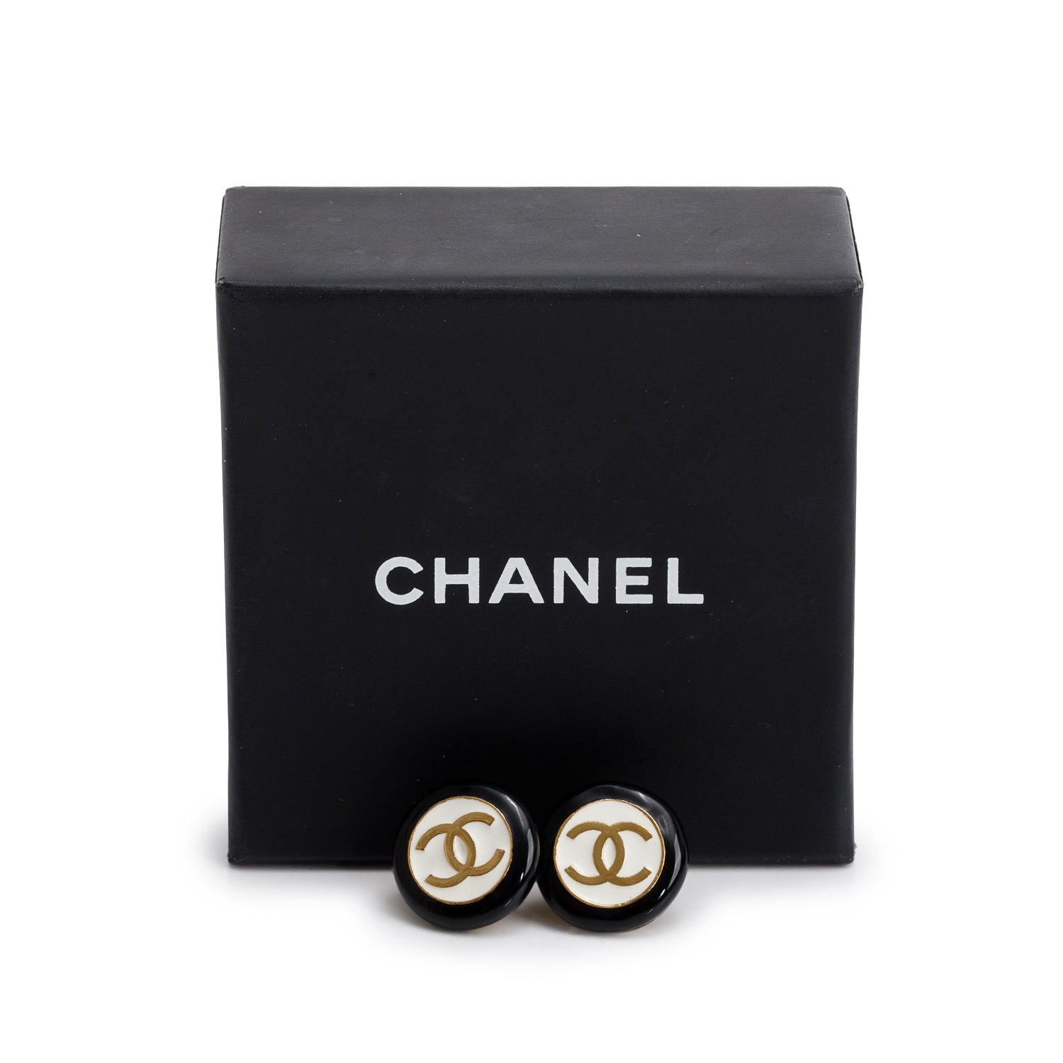 Chanel 2024 Gold Plated Black & White Resin CC Circle Stud Earrings w/ Box