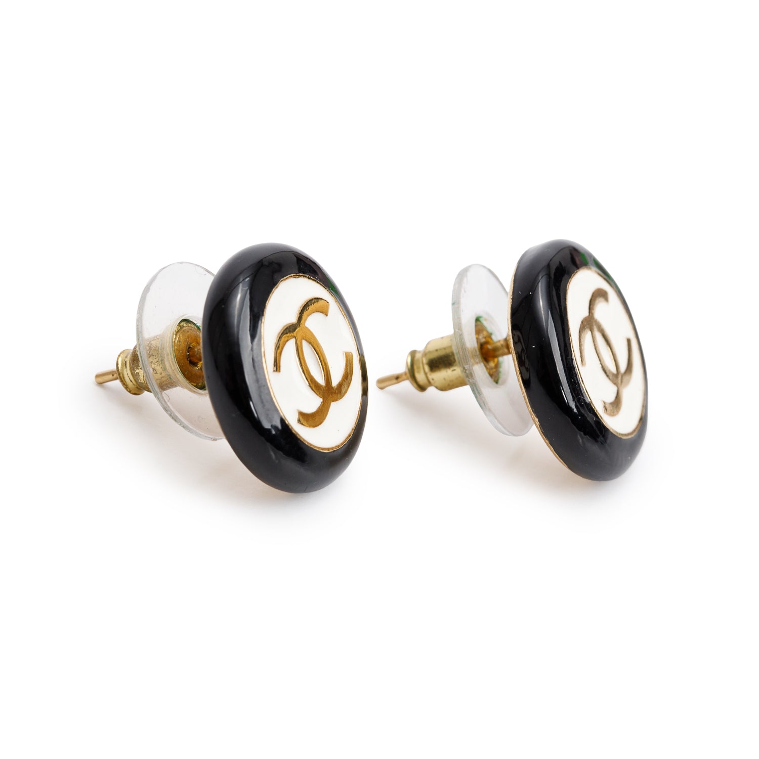 Chanel 2024 Gold Plated Black & White Resin CC Circle Stud Earrings w/ Box
