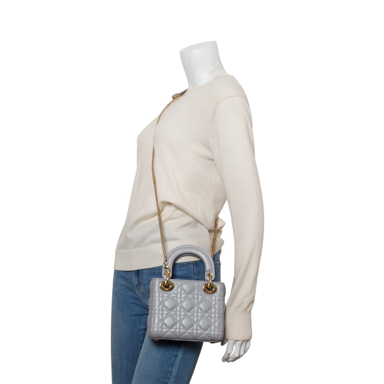 Christian Dior Grey Cannage Leather Mini Lady Dior Bag w/ Strap