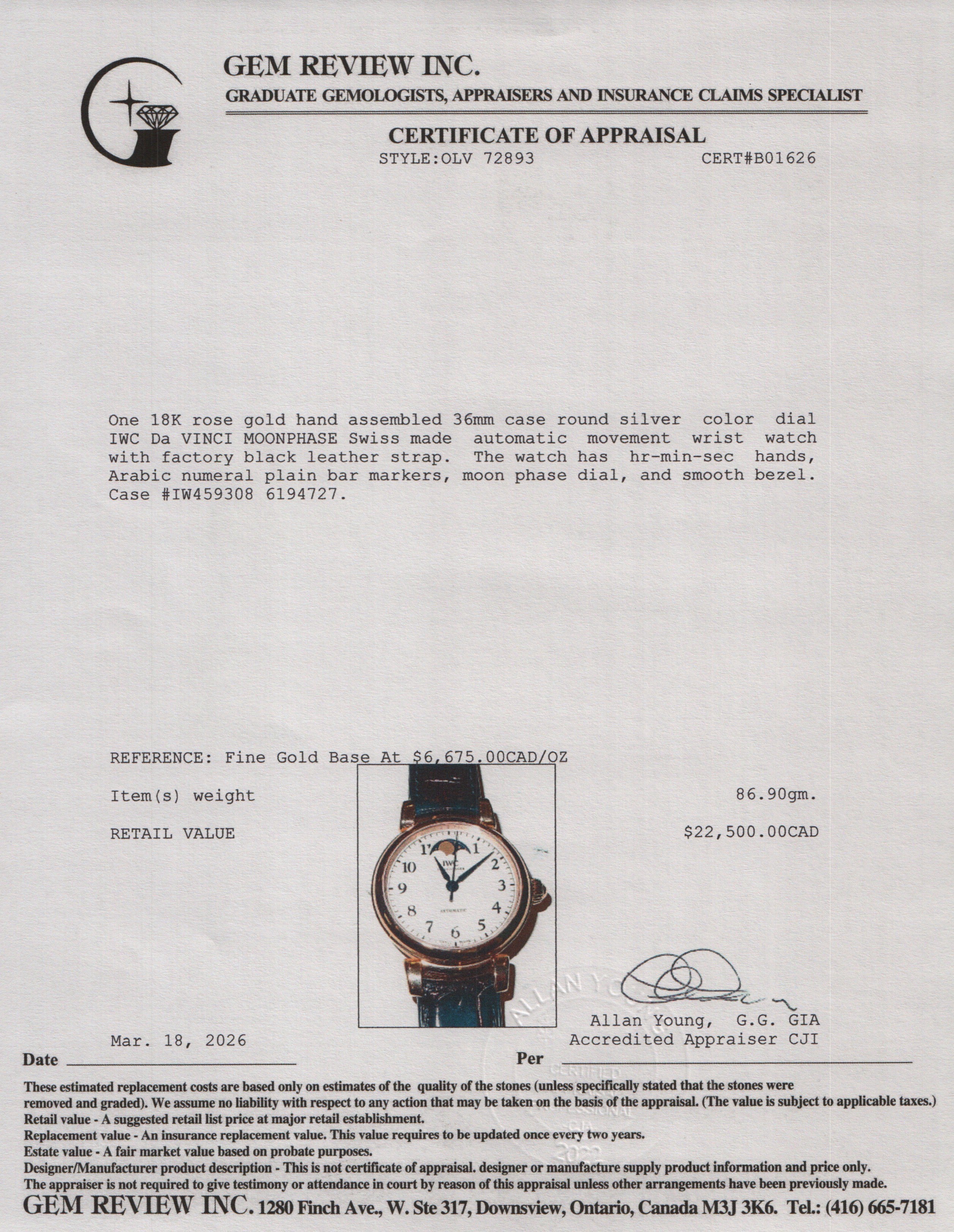 IWC 18k Rose Gold Da Vinci Moonphase 36 MM Automatic Watch IW459308 w/ Box & Papers