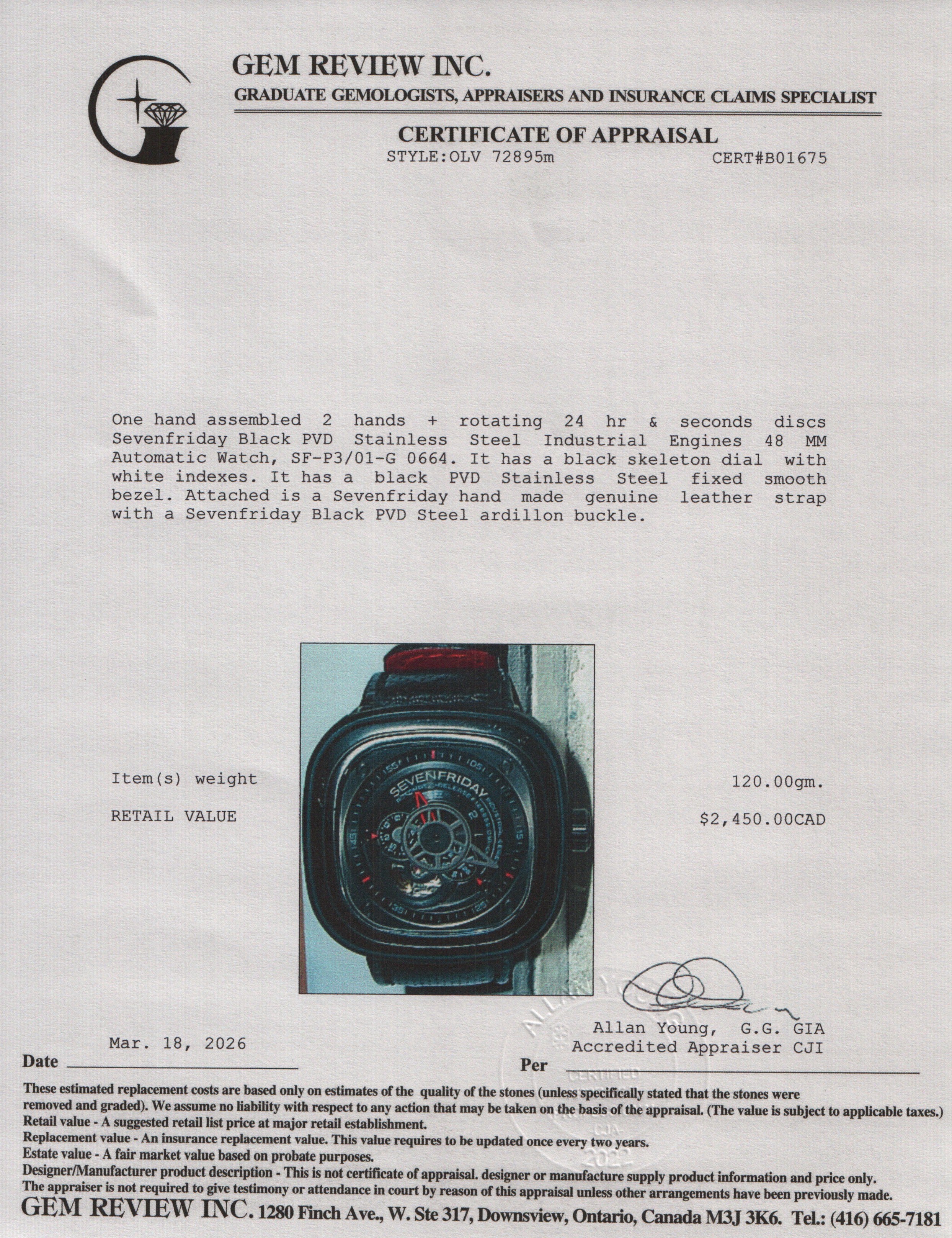 Sevenfriday Black PVD Stainless Steel Industrial Engines 48 MM Automatic Watch