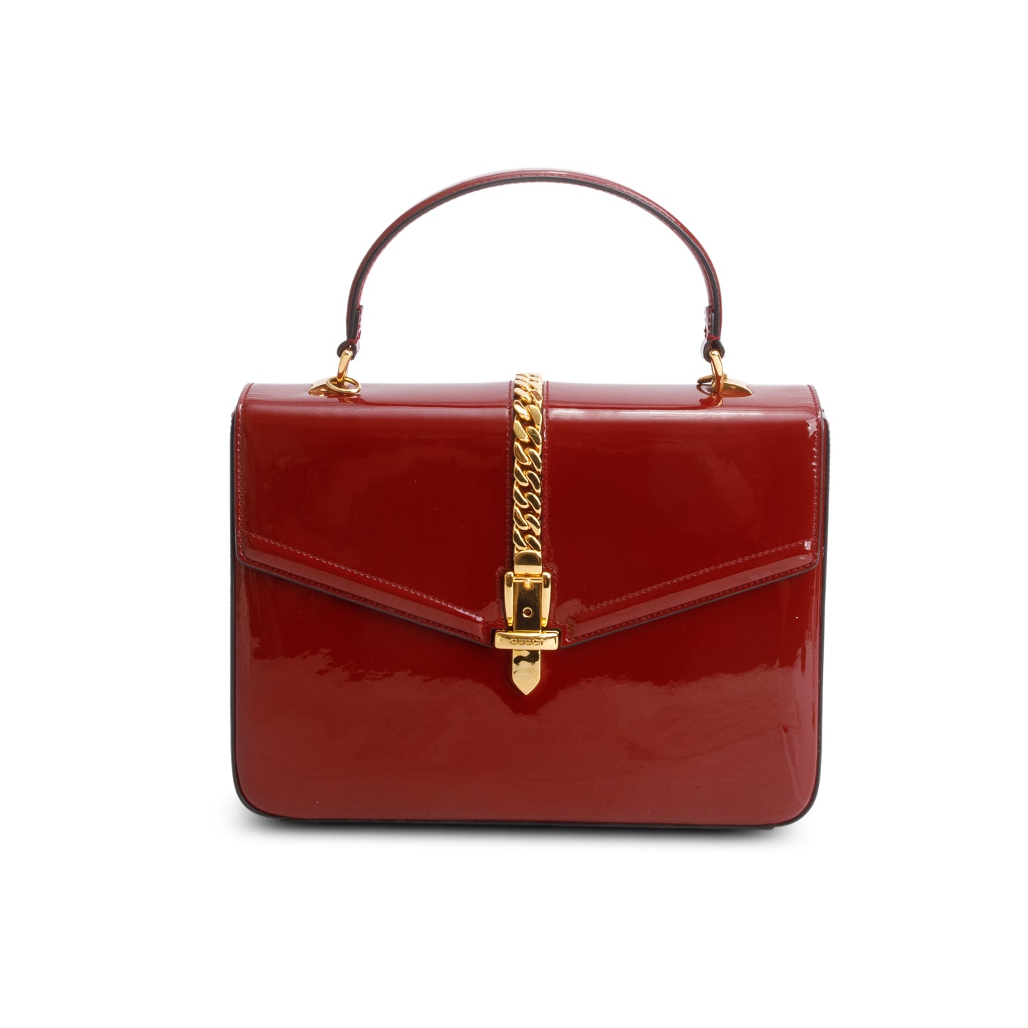 Gucci Red Mousse Top Patent Small Sylvie 1969 Small Top Handle Bag w/ Chain