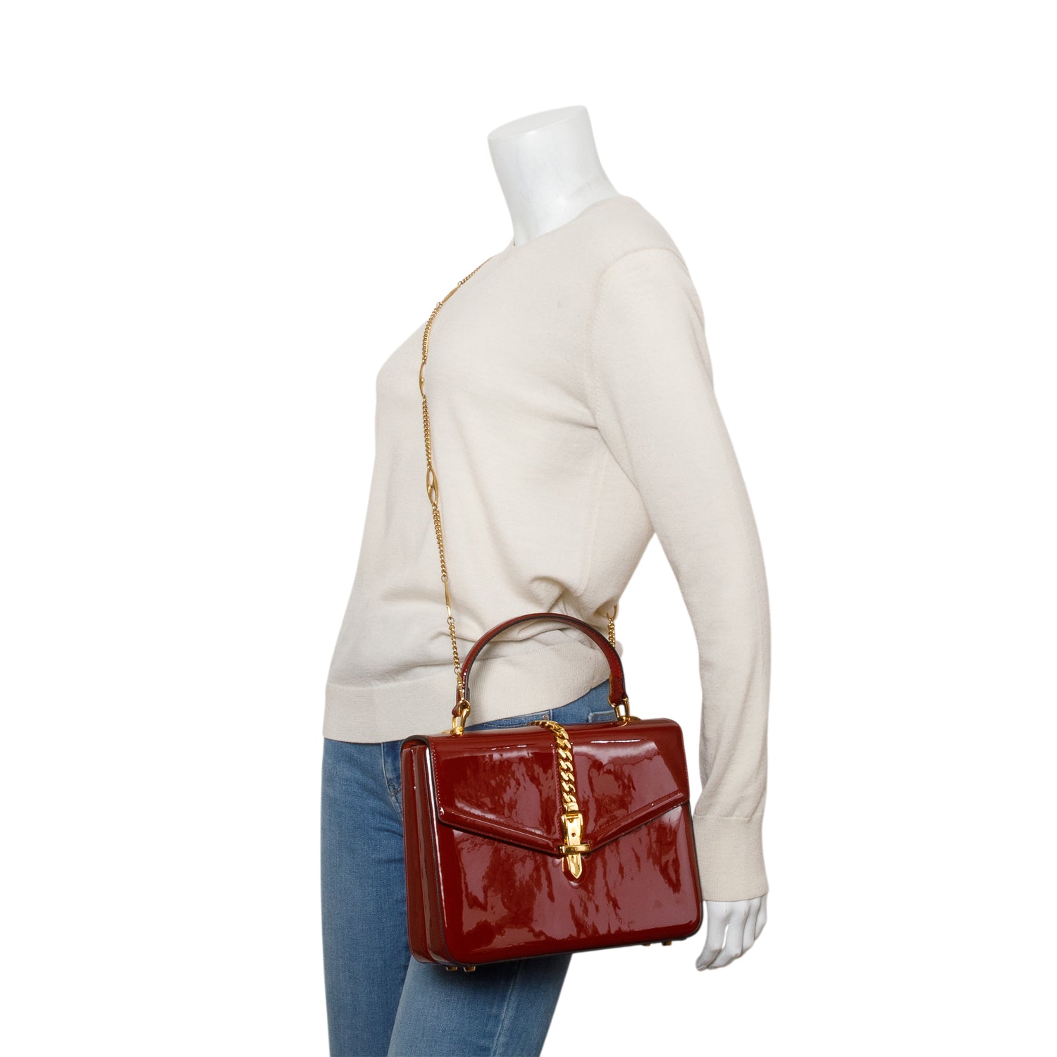 Gucci Red Mousse Top Patent Small Sylvie 1969 Small Top Handle Bag w/ Chain