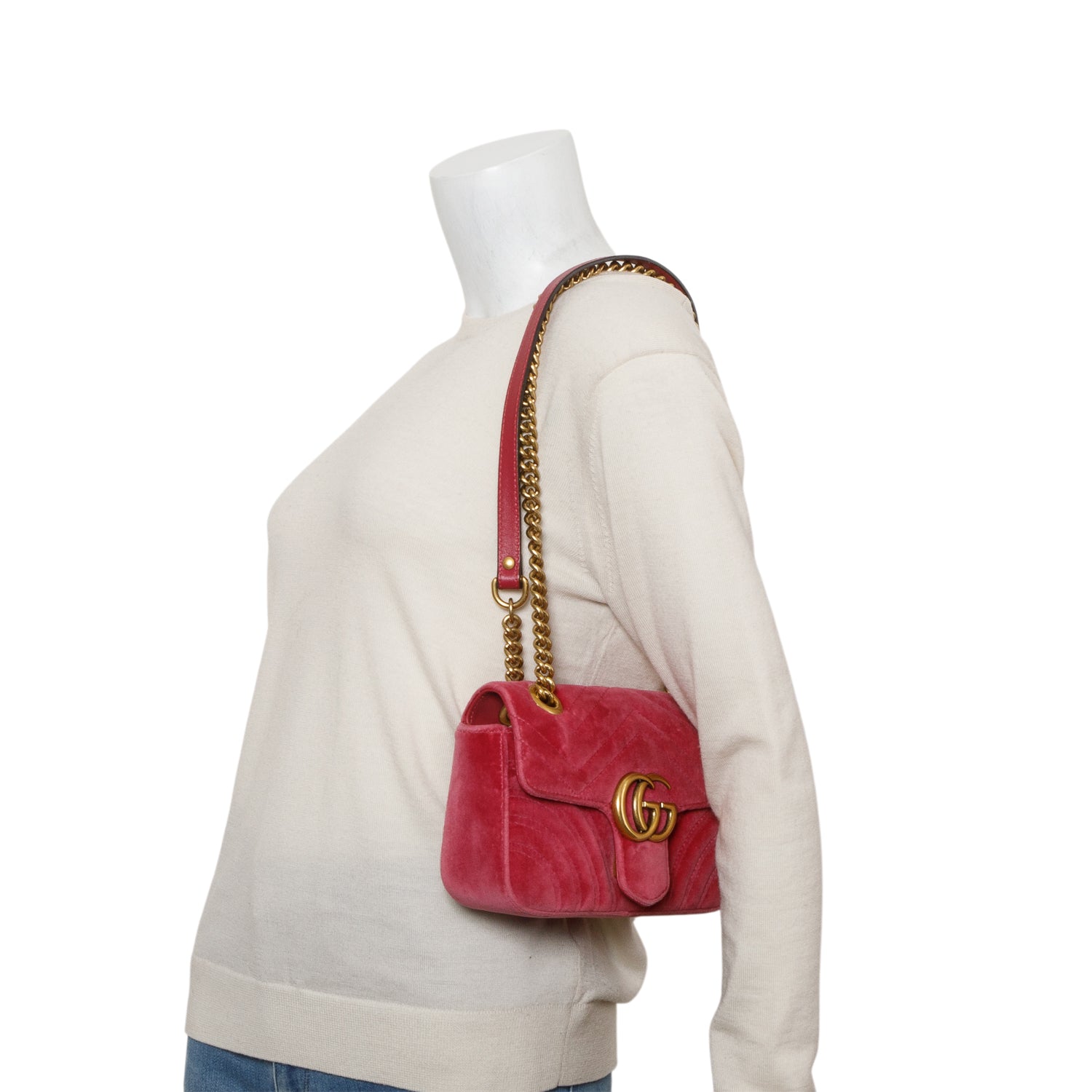 Gucci Pink Velvet Matelasse Small GG Marmont Shoulder Bag