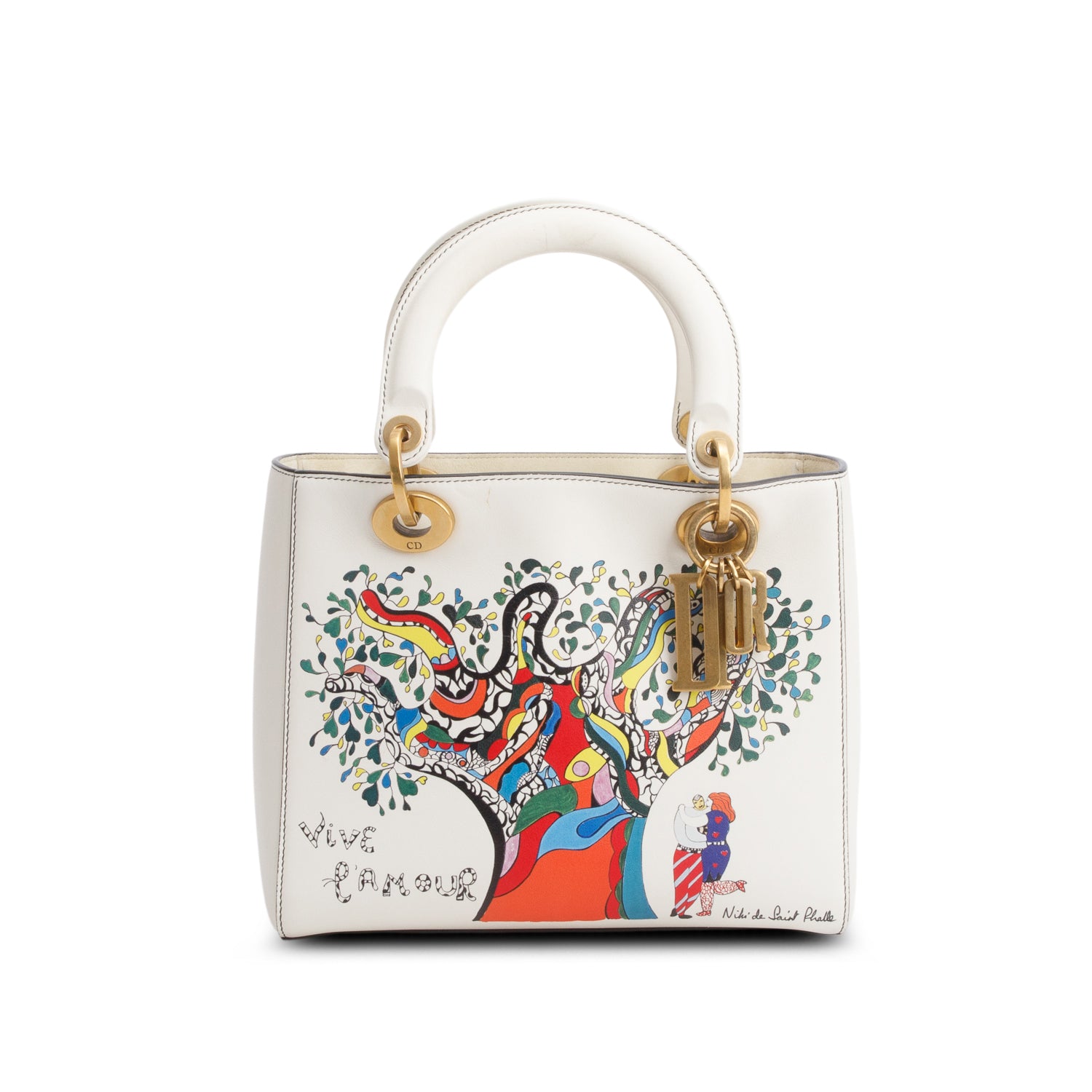 Christian Dior Cream Calfskin Niki De Saint Phalle 'Vive L'Amour' Medium Supple Lady Dior w/ Box, Authenticity Card & Strap