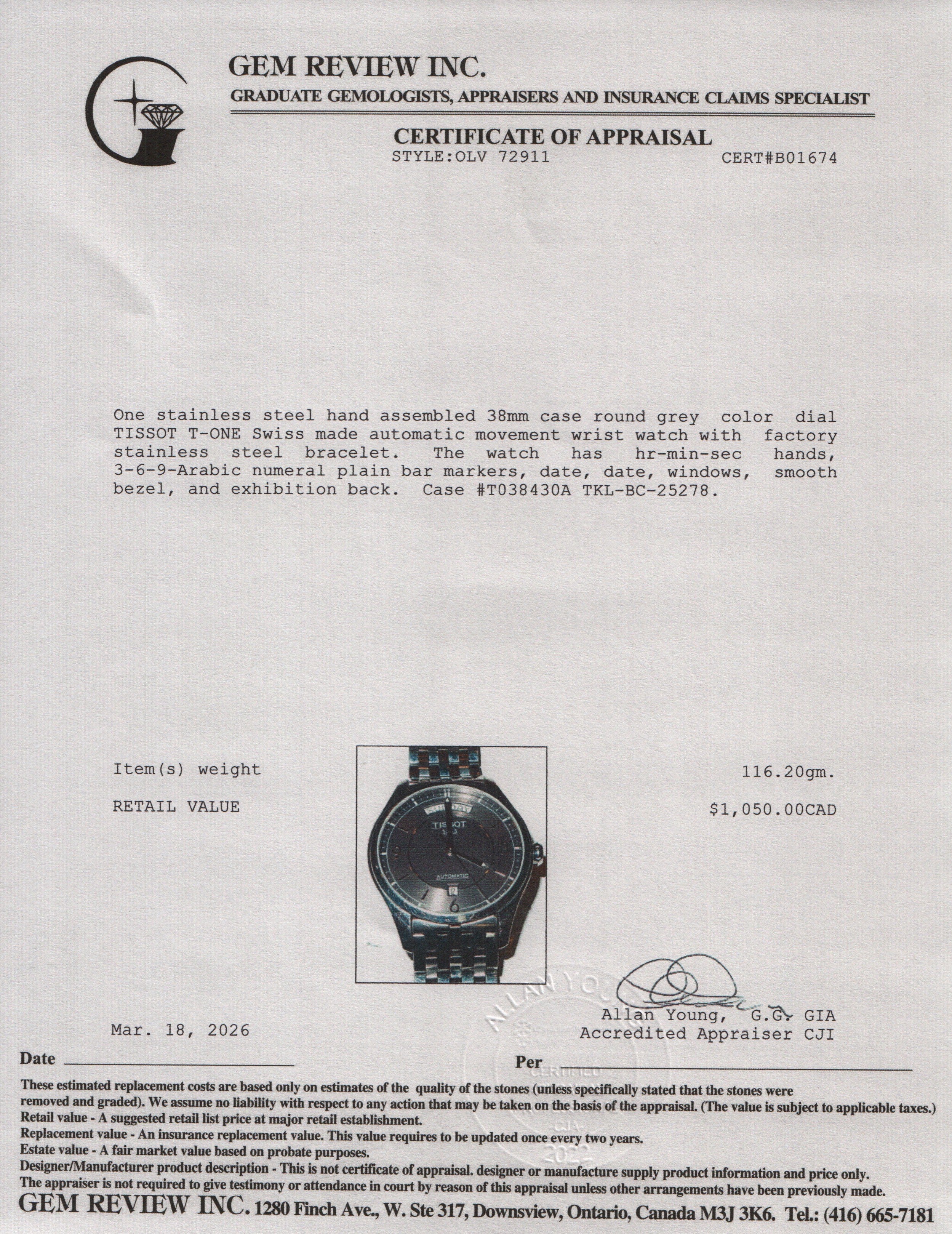 Tissot Stainless Steel T-One Day Date 38 MM Automatic Watch Grey Dial