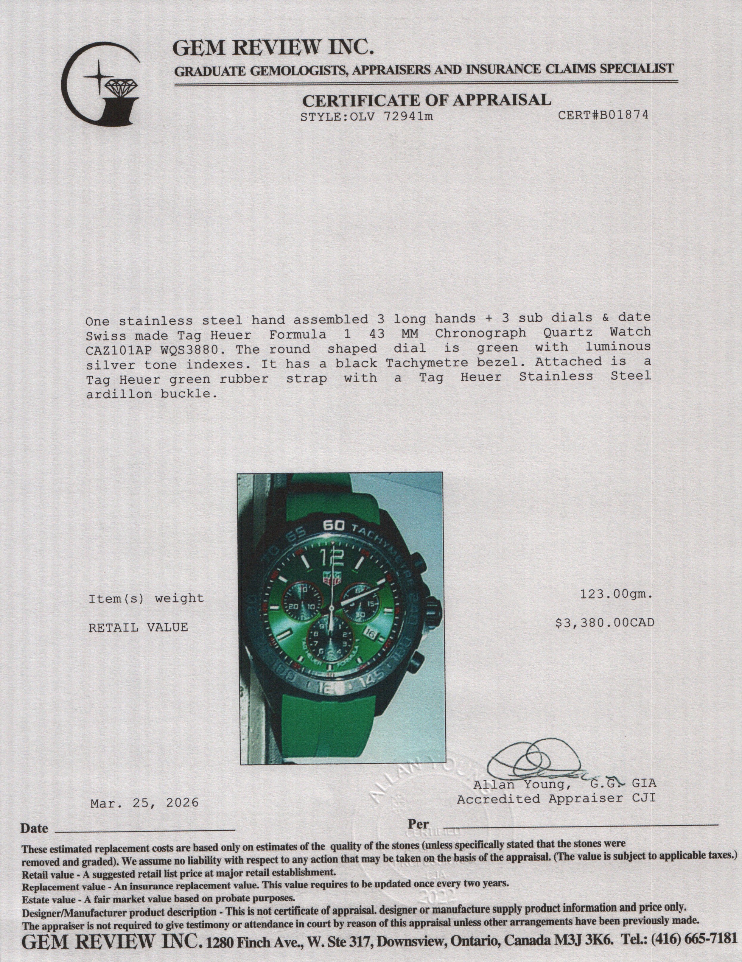 Tag Heuer Stainless Steel Formula 1 43 MM Chronograph Quartz Watch Green Dial CAZ101AP w/ Box & Papers