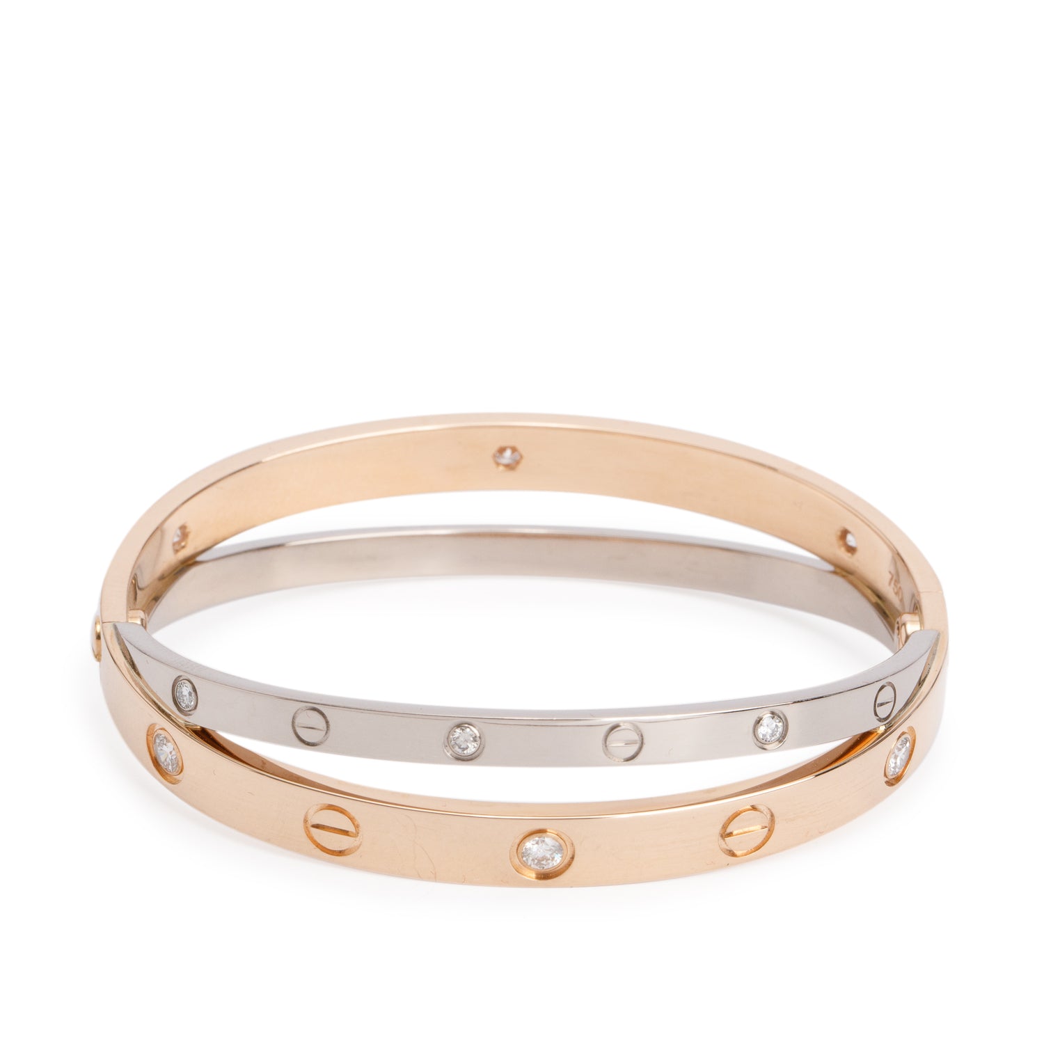 Cartier 18k Rose & White Gold 12 Diamond Double Love Bracelet, Size 16 w/ Certificate