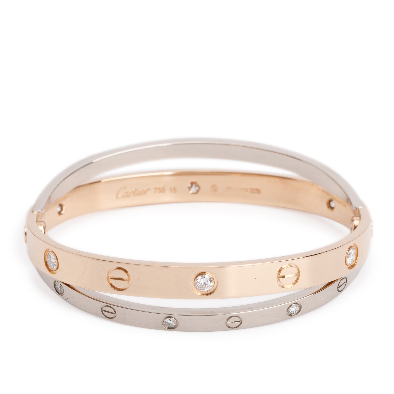 Cartier 18k Rose & White Gold 12 Diamond Double Love Bracelet, Size 16 w/ Certificate