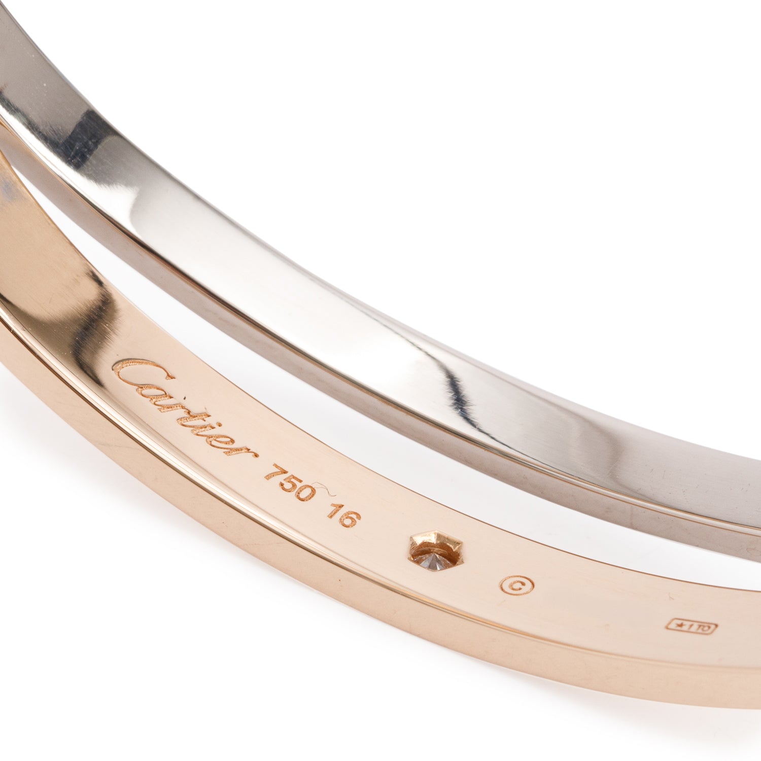 Cartier 18k Rose & White Gold 12 Diamond Double Love Bracelet, Size 16 w/ Certificate