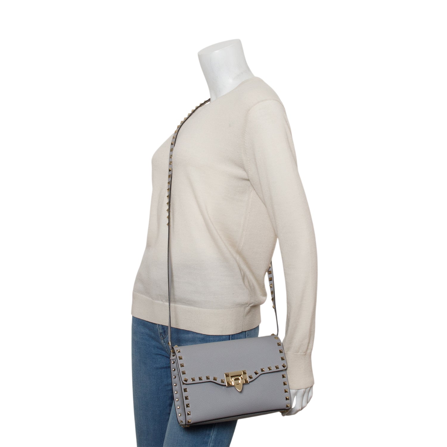 Valentino Grey Pebbled Calfskin Medium Rockstud Flip Lock Crossbody Bag