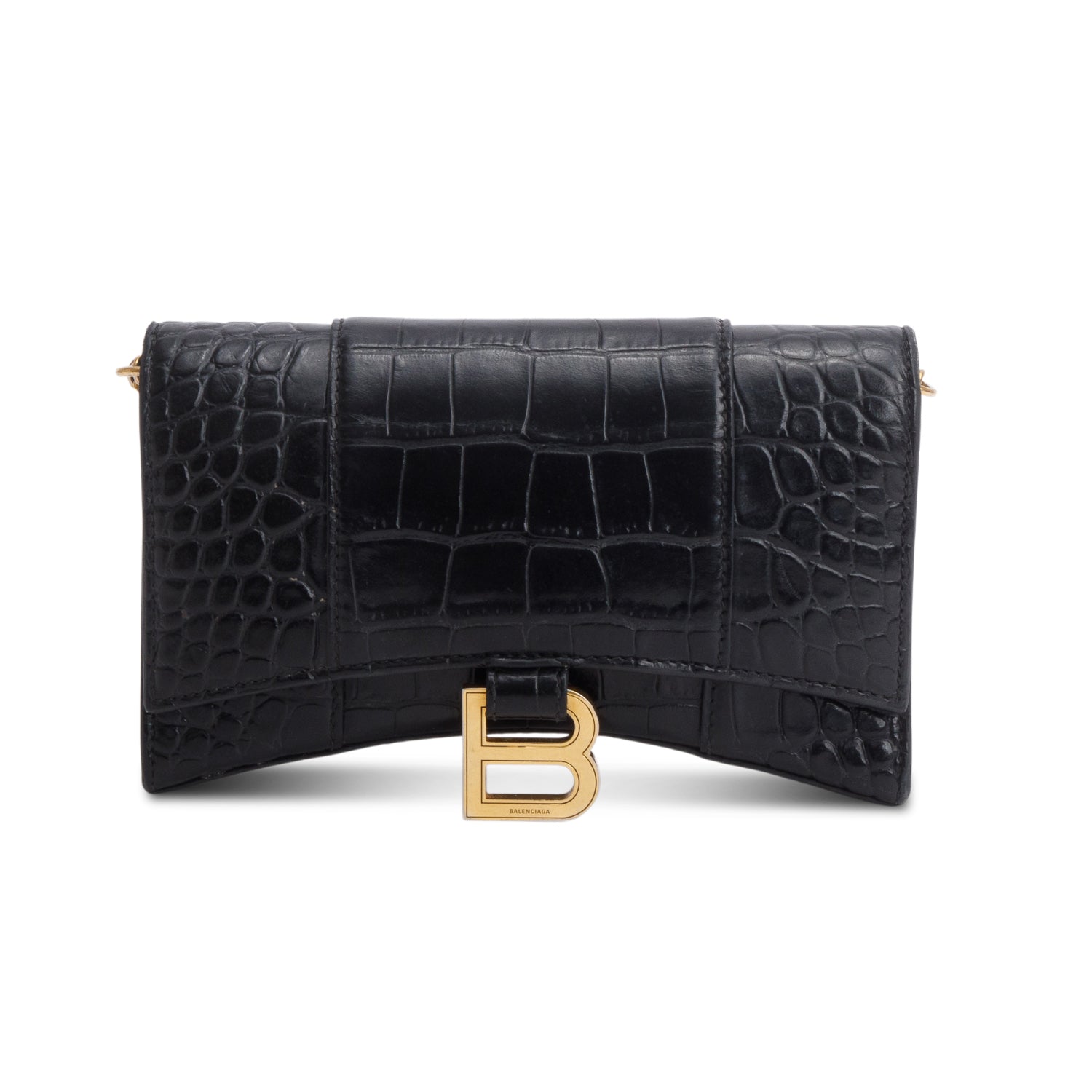 Balenciaga Black Shiny Calfskin Croc Embossed Hourglass Wallet on Chain