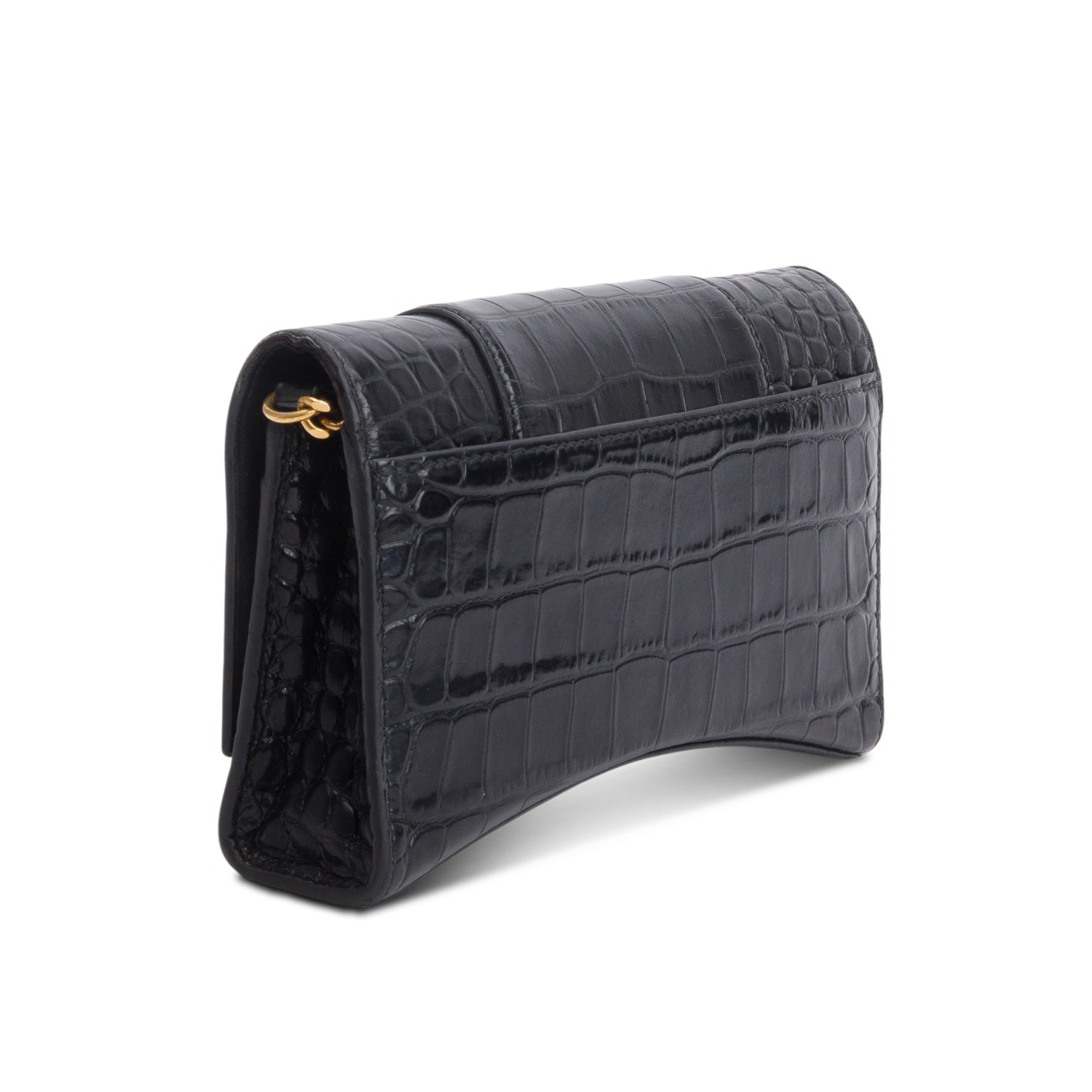 Balenciaga Black Shiny Calfskin Croc Embossed Hourglass Wallet on Chain