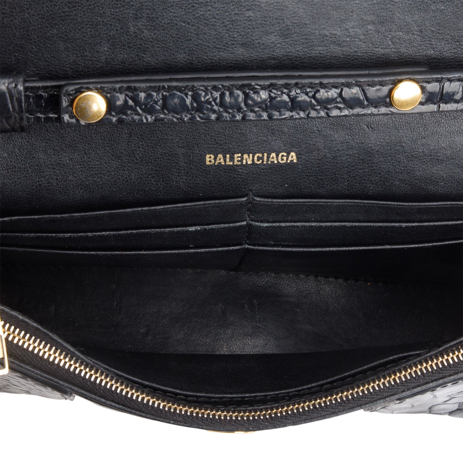 Balenciaga Black Shiny Calfskin Croc Embossed Hourglass Wallet on Chain