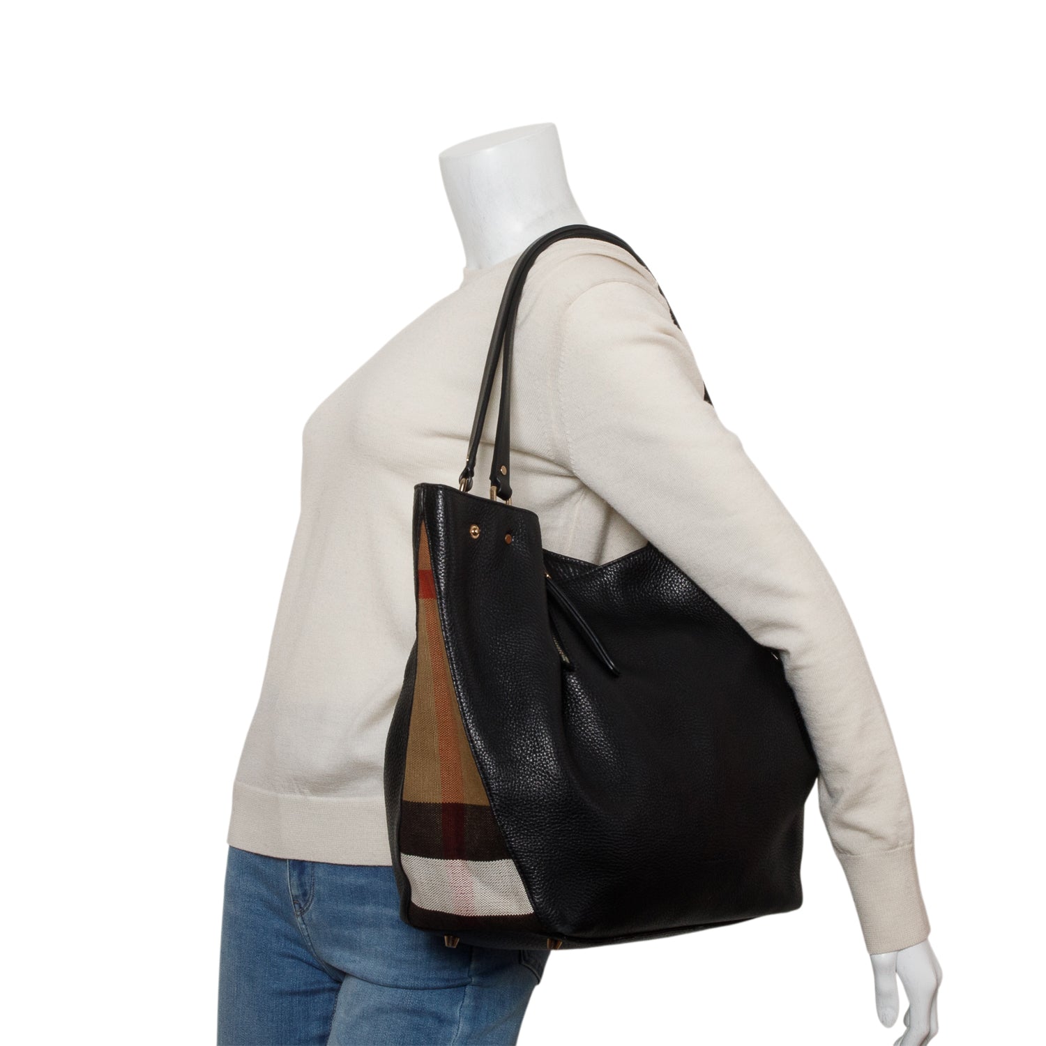 Burberry Black Grainy Calfskin House Check Medium Maidstone