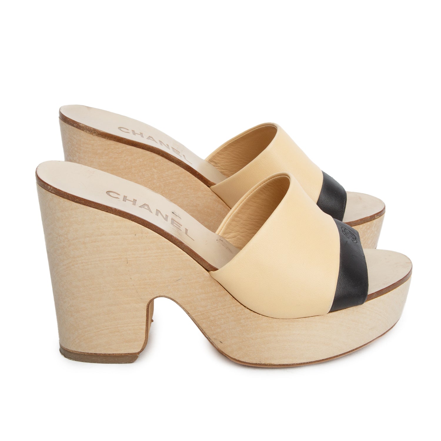 Chanel Tan/Black Calfskin Interlock CC Logo Platform Wood Slide Sandals, Women's Size 35.5