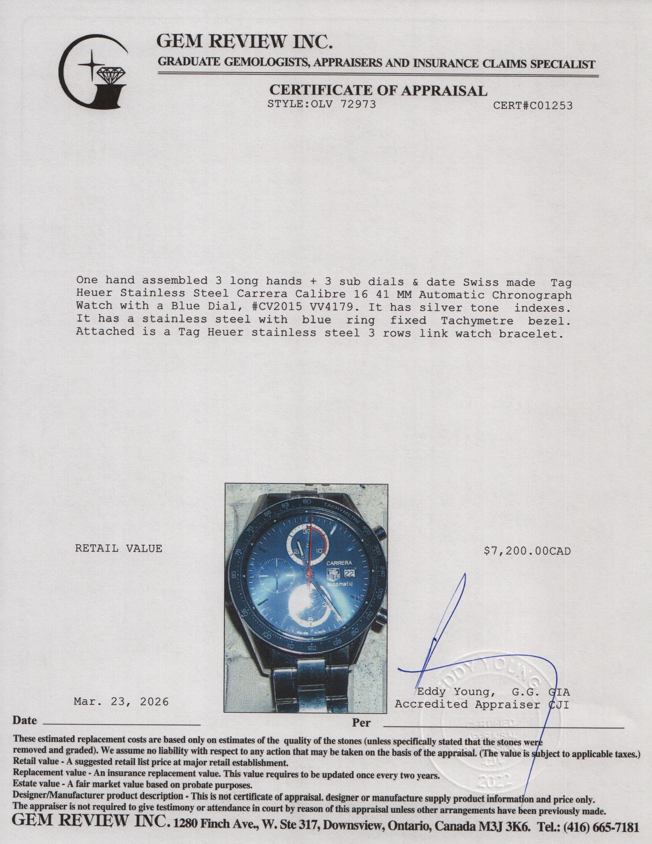 Tag Heuer Stainless Steel Carrera Calibre 16 41 MM Automatic Chronograph Watch Blue Dial CV2015