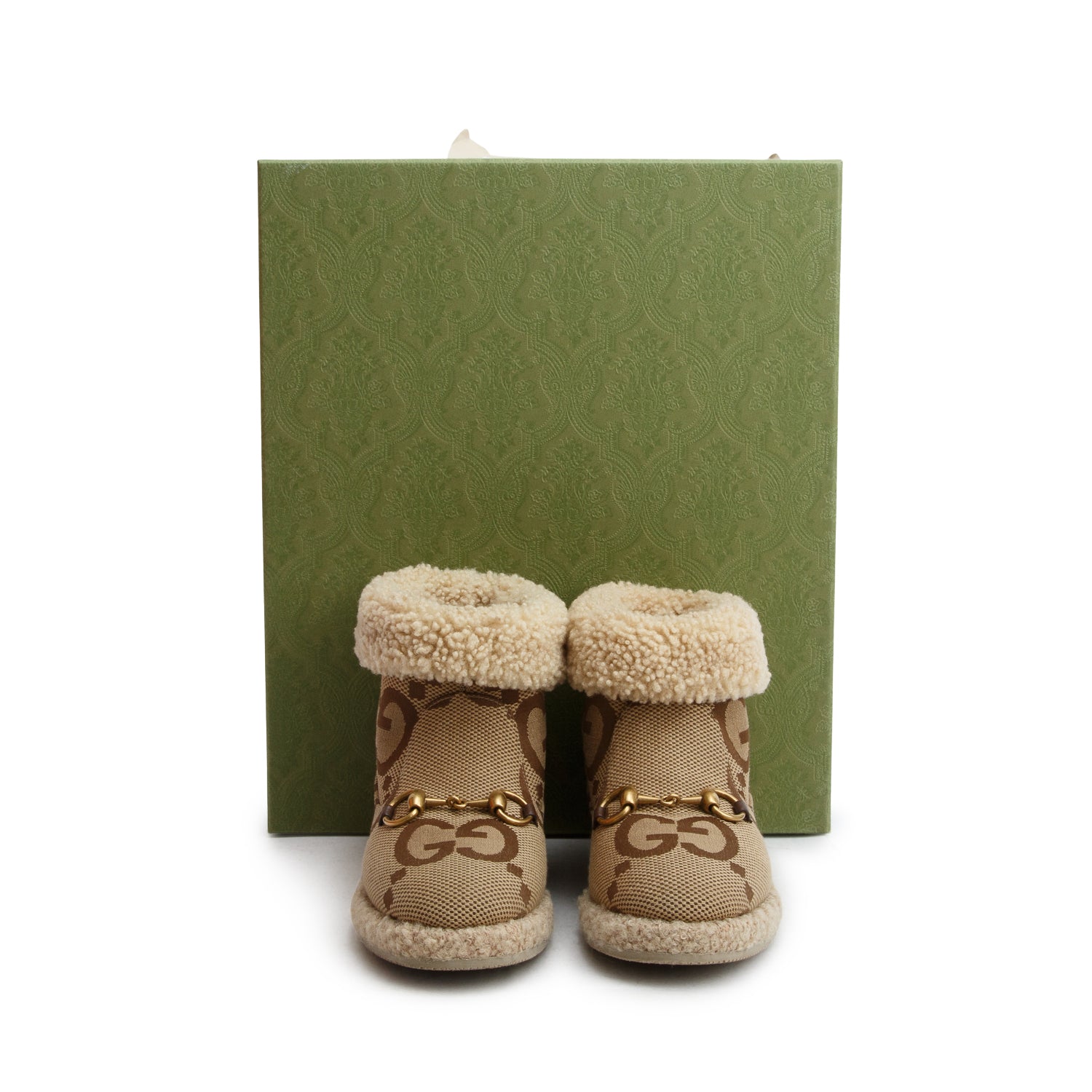 Gucci Brown Covered Wool Jumbo GG Monogram Fria Horsebit Ankle Boots, Women's Size 34.5 w/ Box