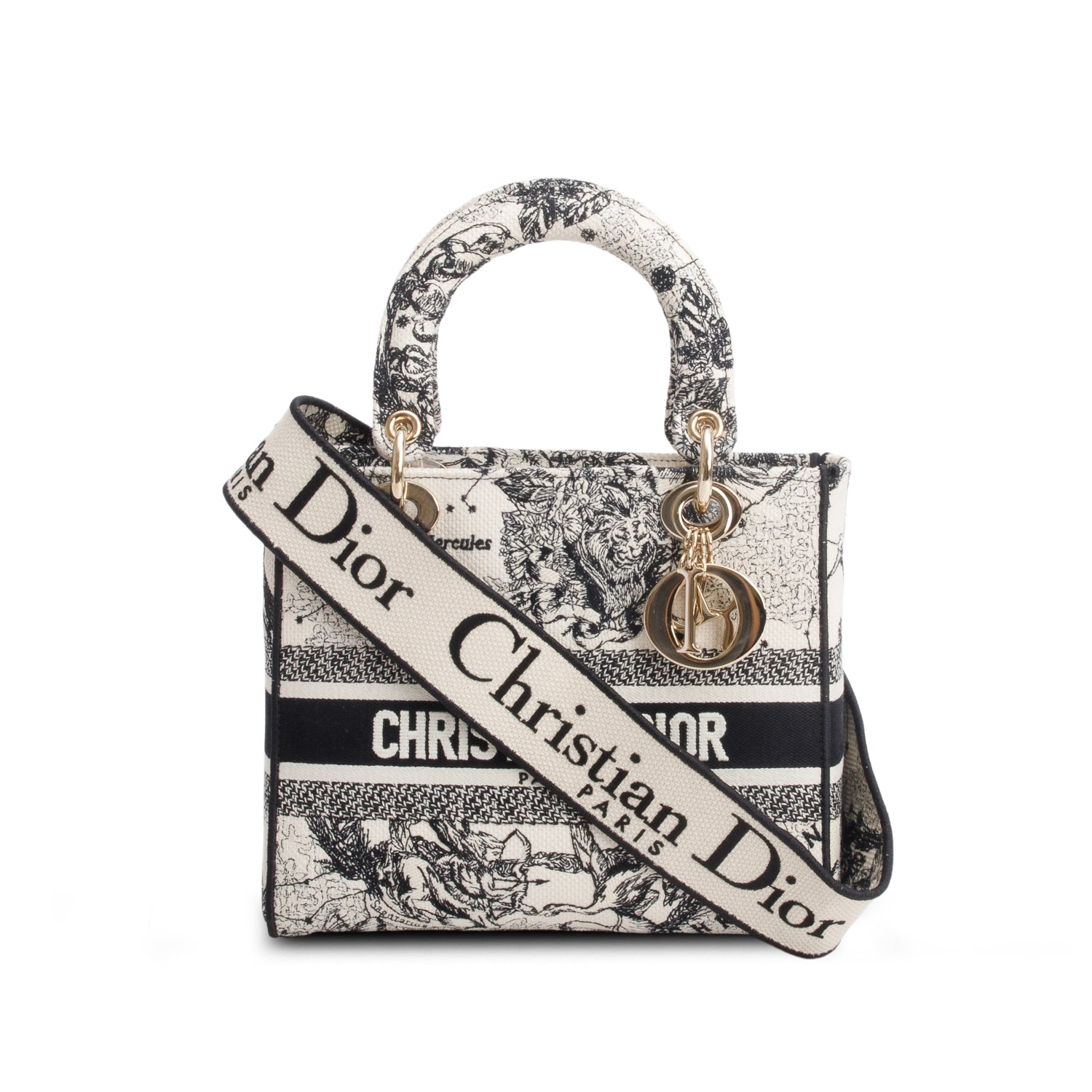 Christian Dior 2022 Blue Canvas Embroidered Zodiac Toile de Jouy Medium Lady D-Lite w/ Box, Authenticity Card & Strap