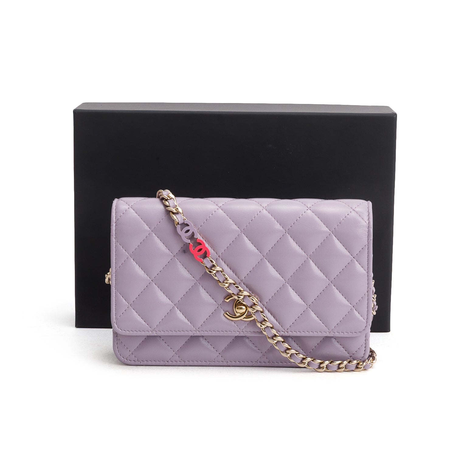 Chanel Purple Shiny Lambskin Quilted Enamel CC Wallet on Chain w/ Box