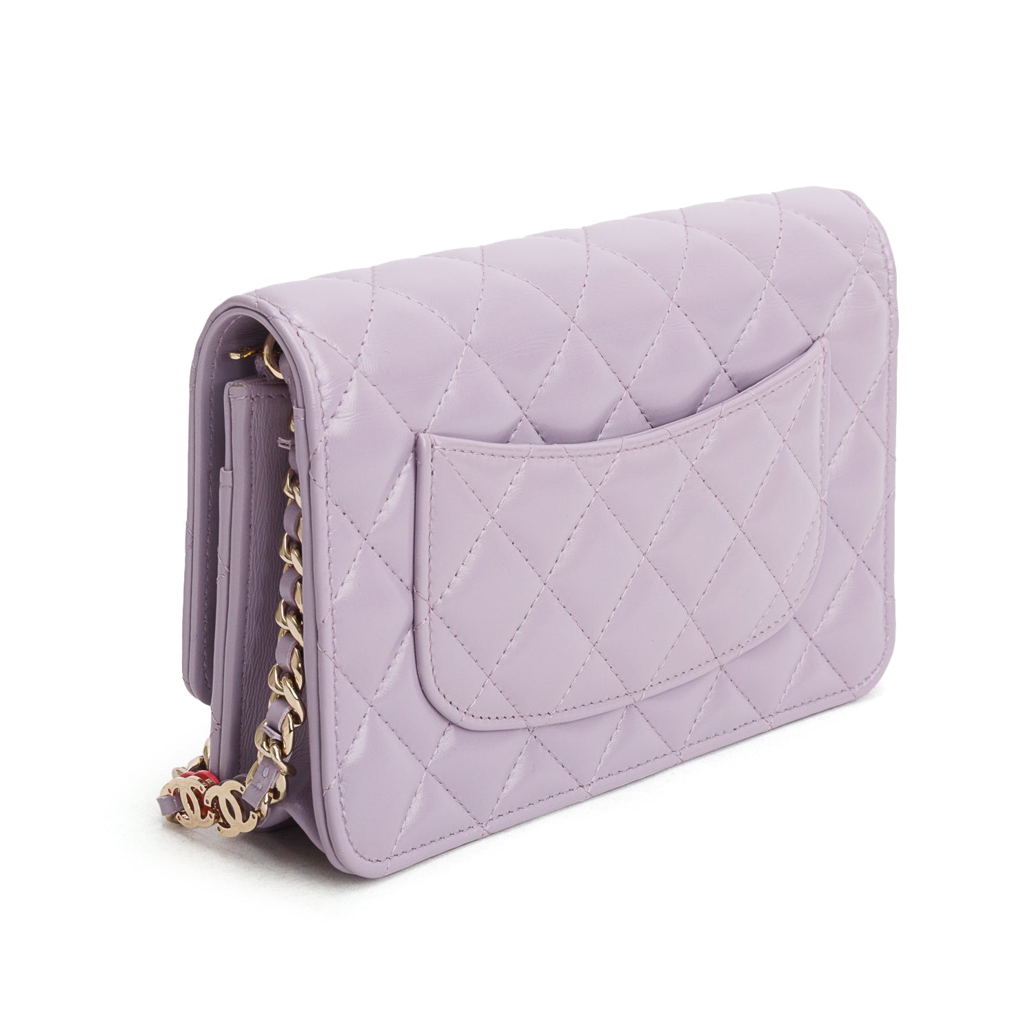 Chanel Purple Shiny Lambskin Quilted Enamel CC Wallet on Chain w/ Box