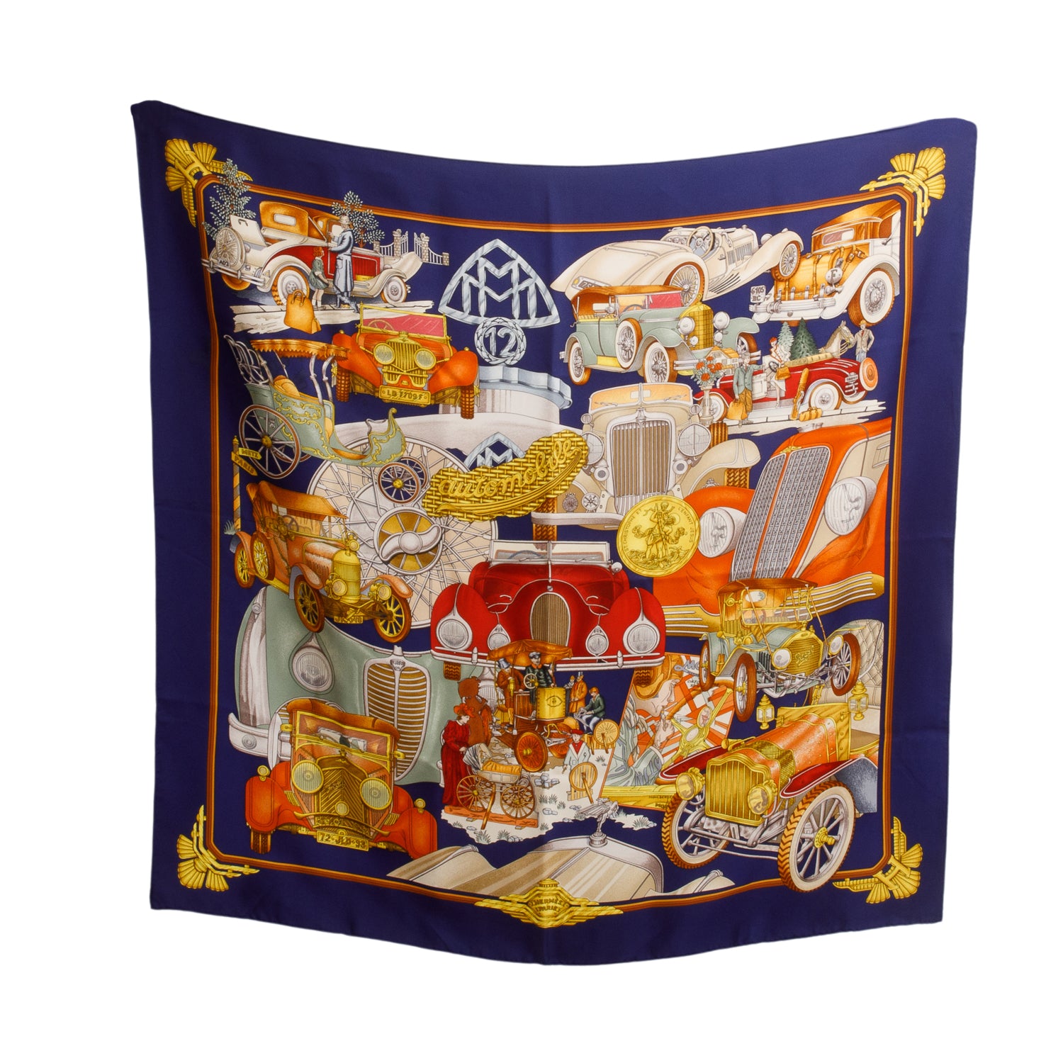 Hermes Navy 'Automobile' Silk Scarf 90 w/ Box
