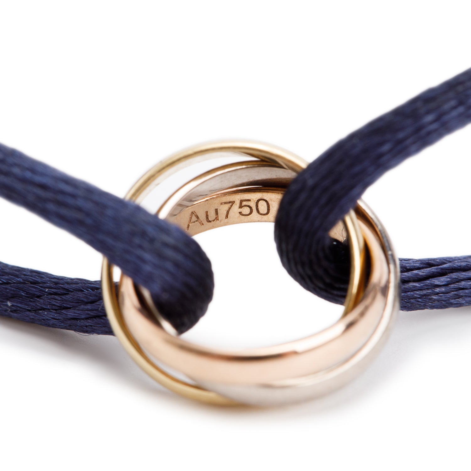 Cartier 18k White, Yellow & Rose Gold Trinity Blue Cord Bracelet w/ Box & Certificate