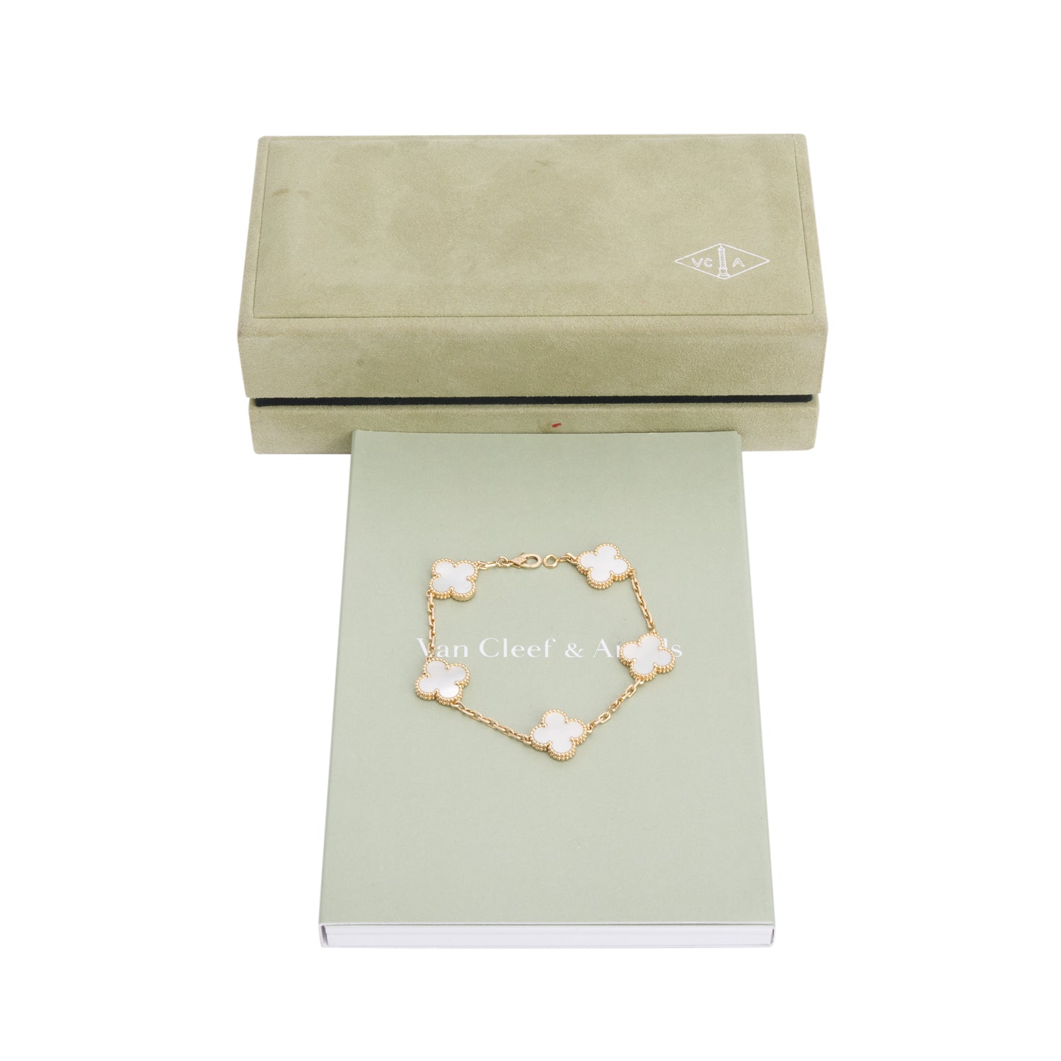 Van Cleef & Arpels 2025 18k Yellow Gold Vintage Alhambra 5 Motif Mother of Pearl Bracelet w/ Box & Certificate