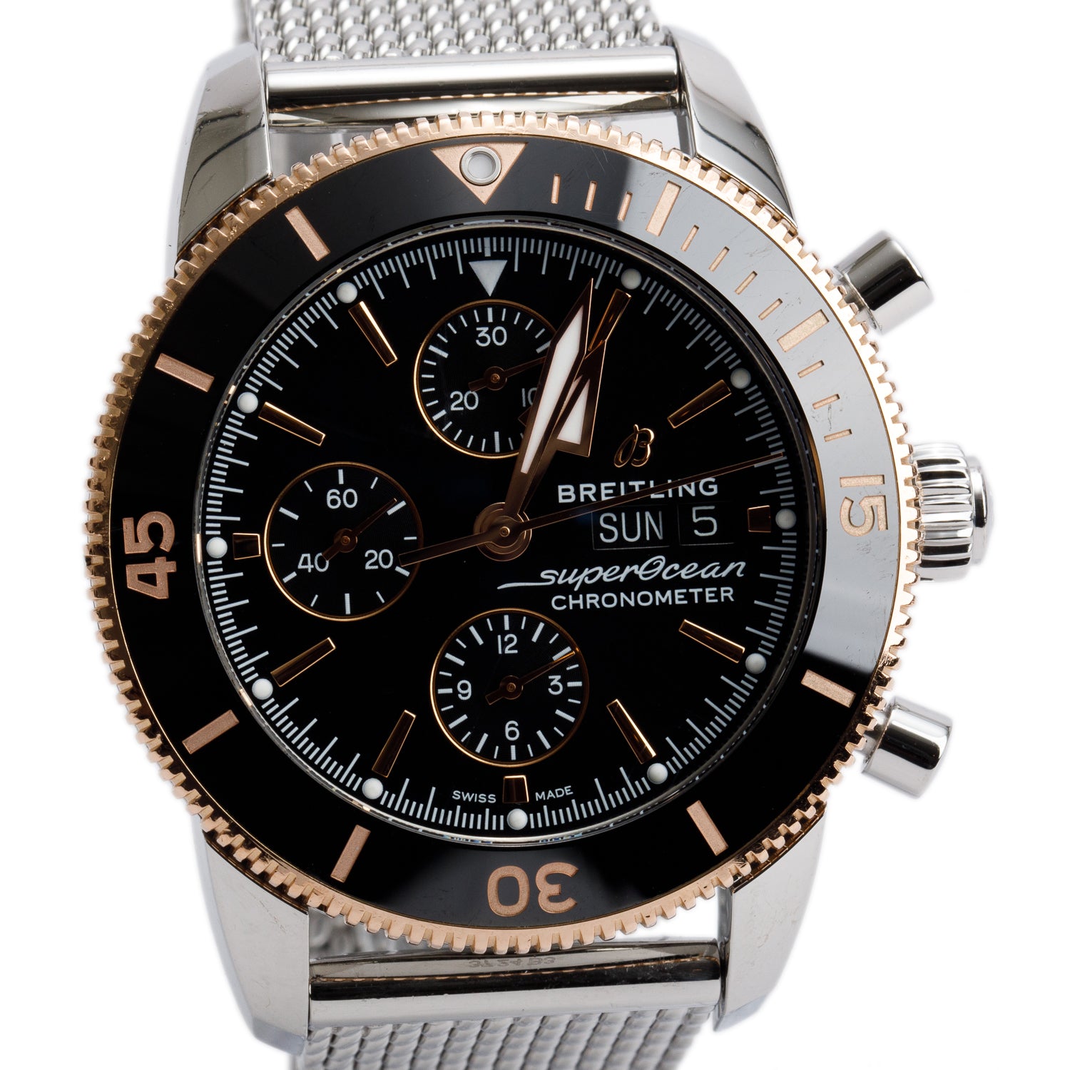 Breitling Stainless Steel & 18k Rose Gold Superocean Heritage Chronograph 44 MM Automatic Watch Black Dial U13313 w/ Box & Papers