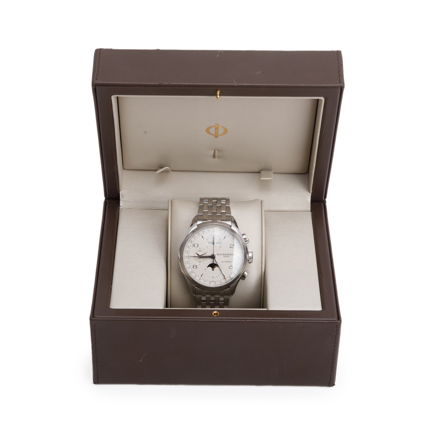 Baume & Mercier Stainless Steel Clifton 43 MM Chronograph Automatic Watch White Dial w/ Box