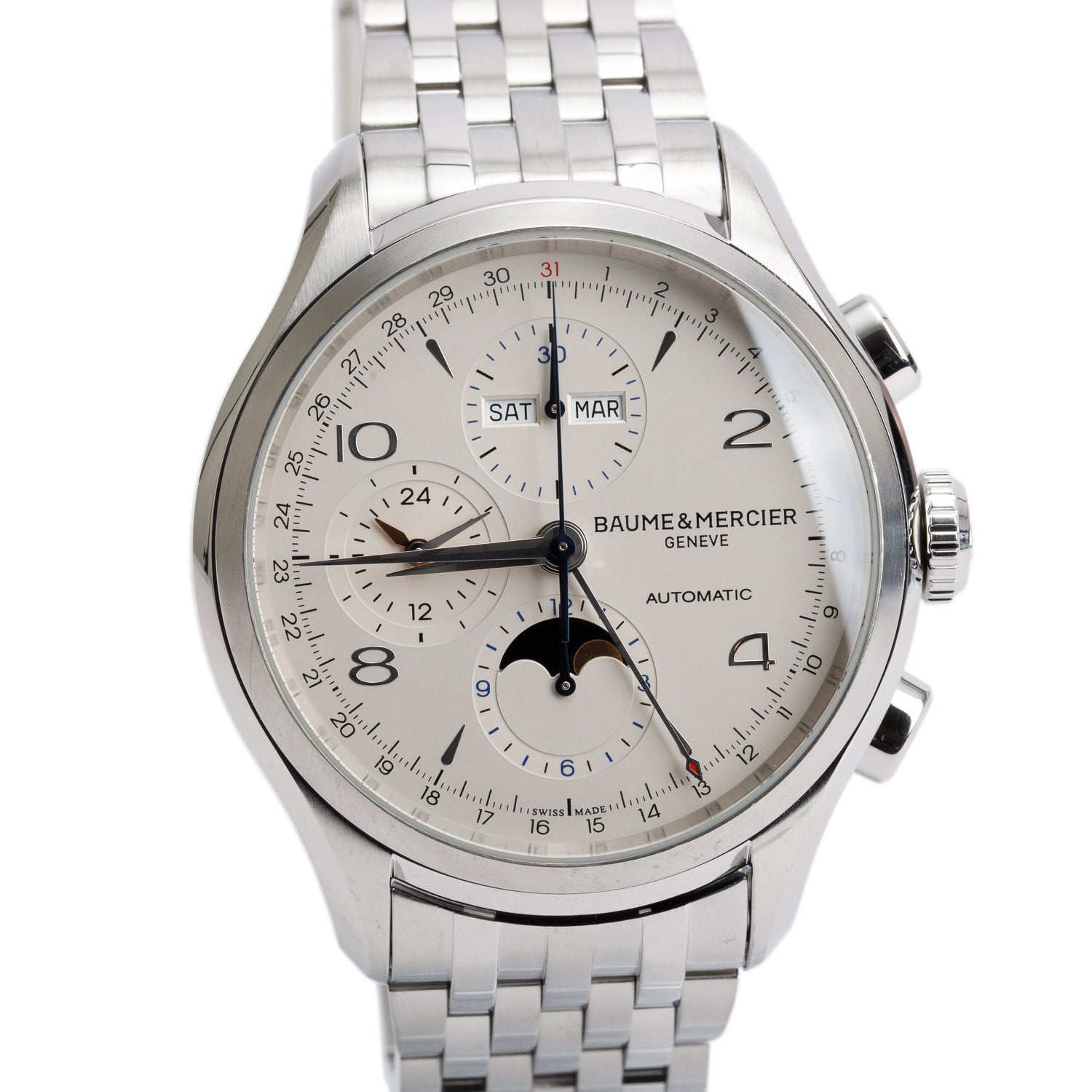 Baume & Mercier Stainless Steel Clifton 43 MM Chronograph Automatic Watch White Dial w/ Box