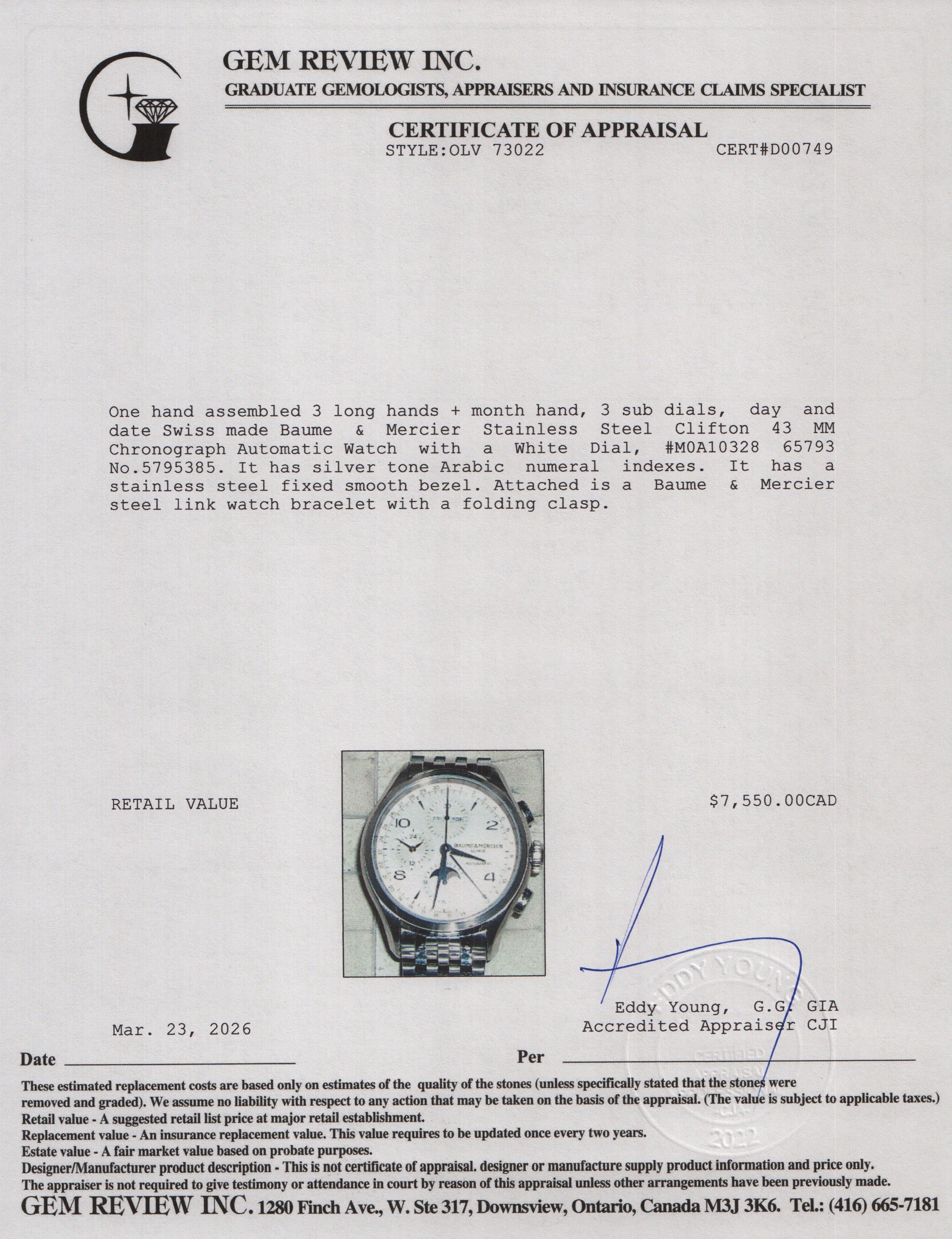 Baume & Mercier Stainless Steel Clifton 43 MM Chronograph Automatic Watch White Dial w/ Box