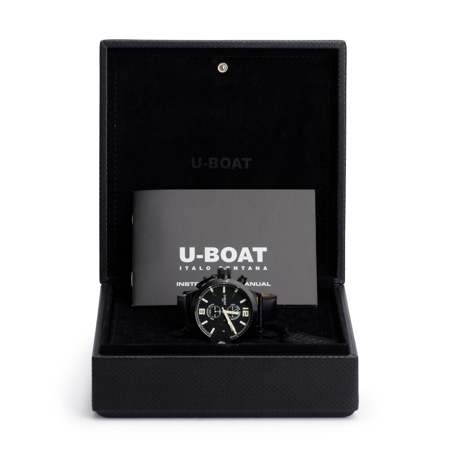 U-Boat Limited Edition Black PVD Stainless Steel Left Hook 53 MM Chronograph Quartz Watch Black Dial B53-08 w/ Box